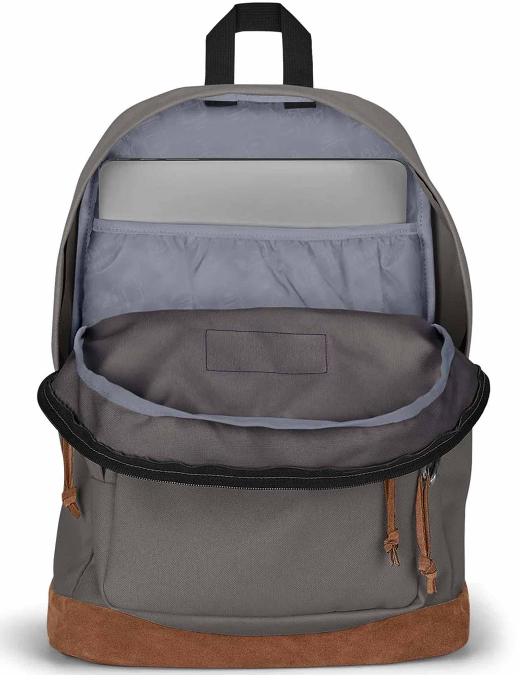 Grey backpack with open top showing inner organizer and front zip compartment