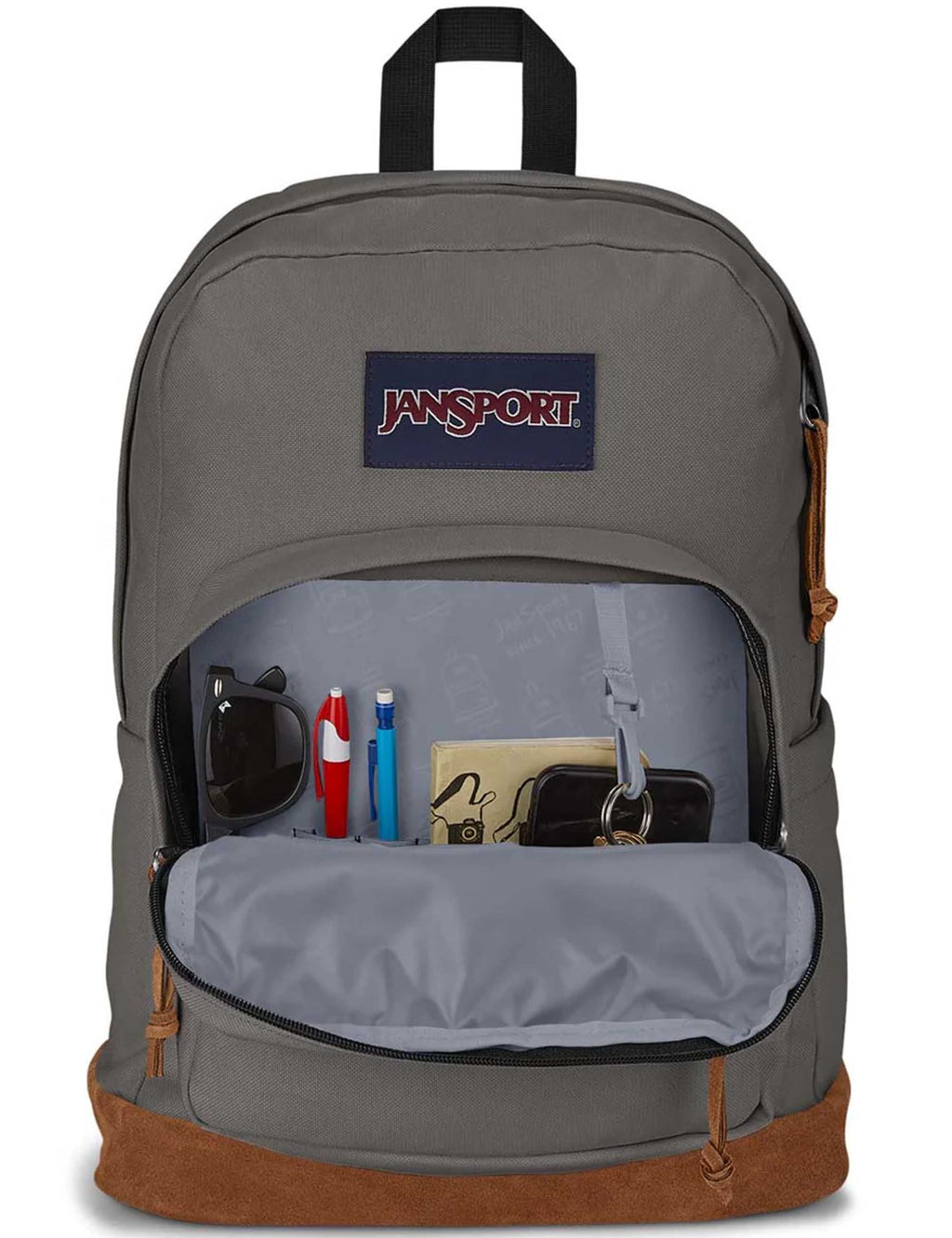 Grey backpack with main compartment open, showing small items inside
