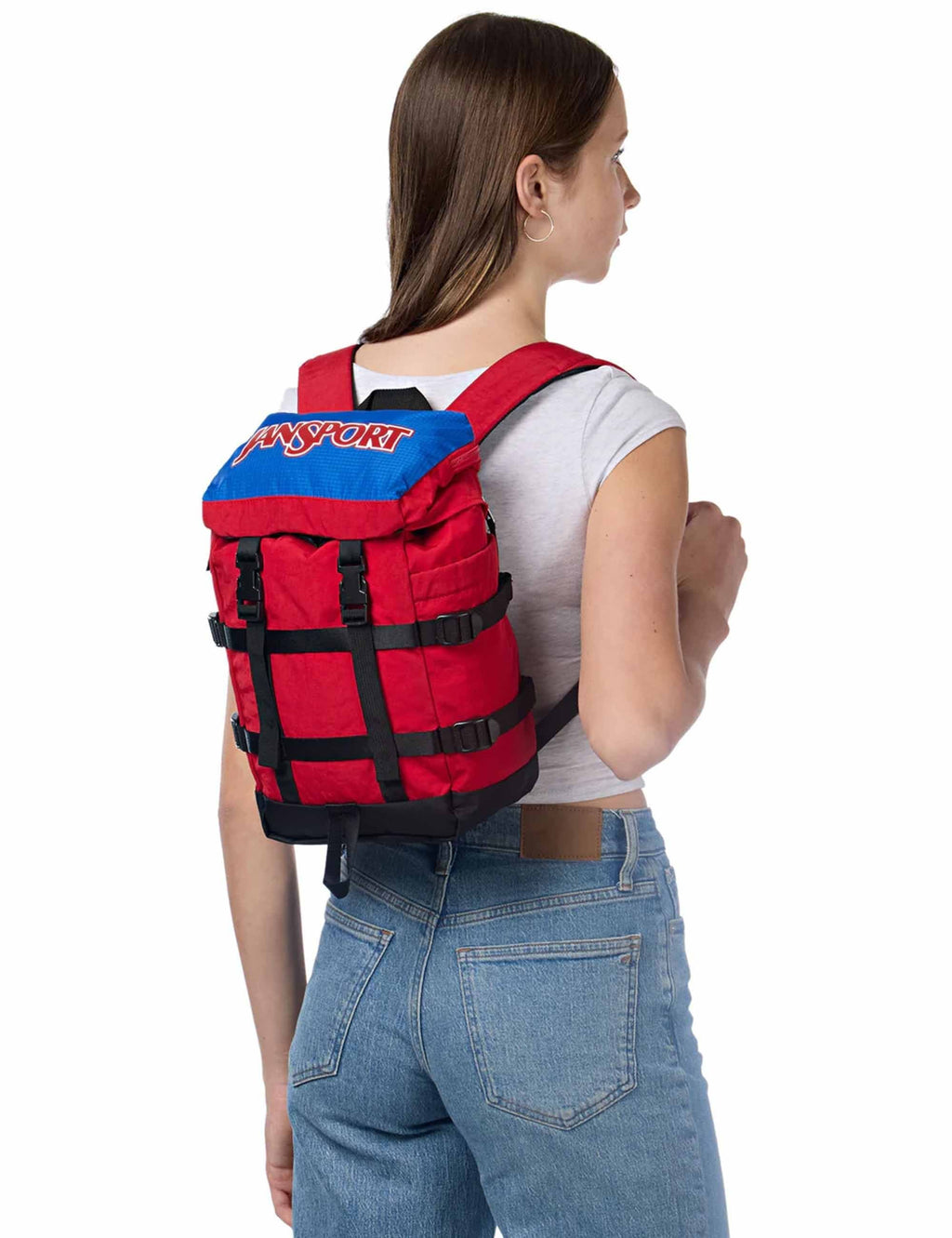 Mini Skip 10L backpack by Red Tape, back view with red body, blue top and black straps