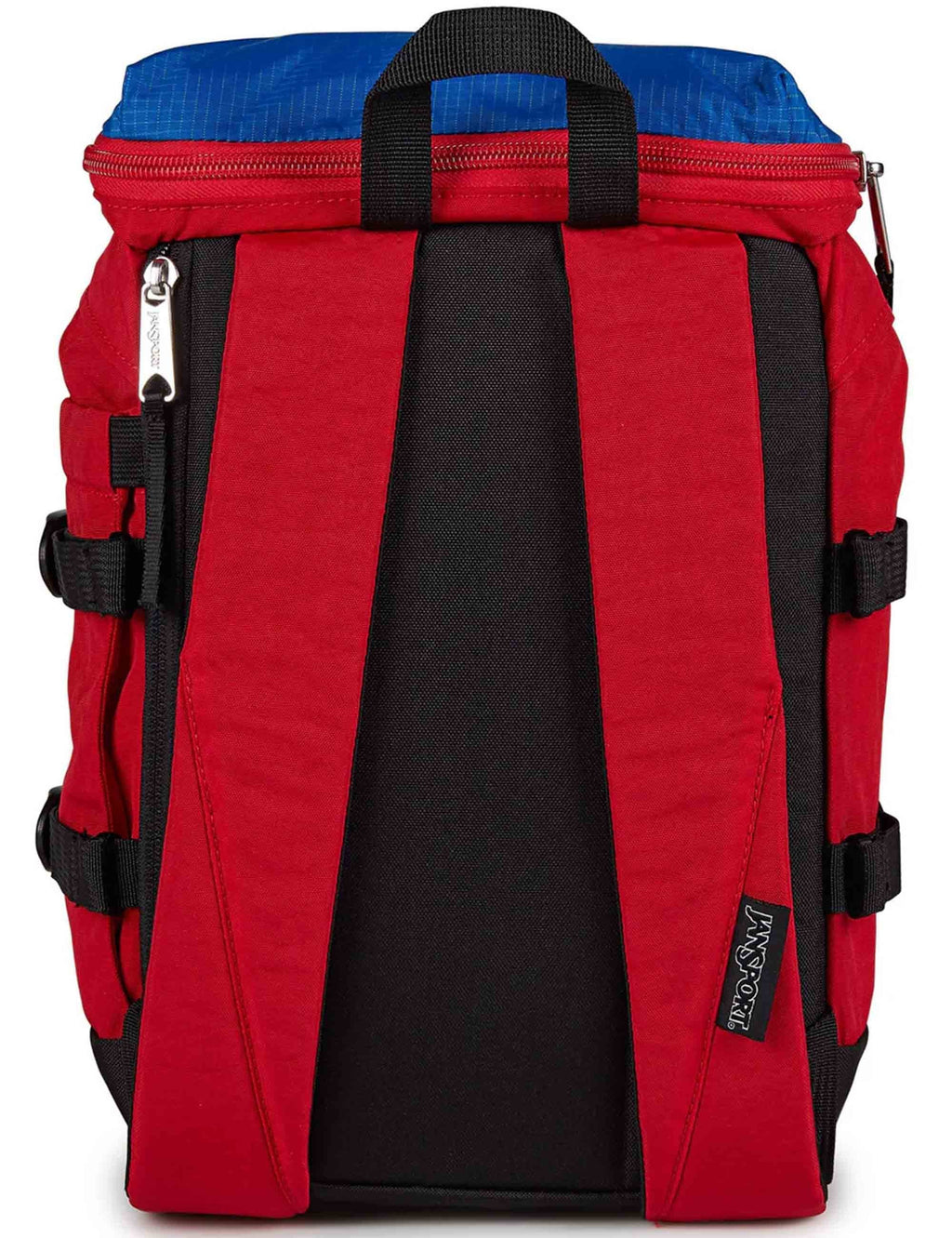 Mini Skip 10L backpack by Red Tape, front-facing red fabric with black vertical panel and zips