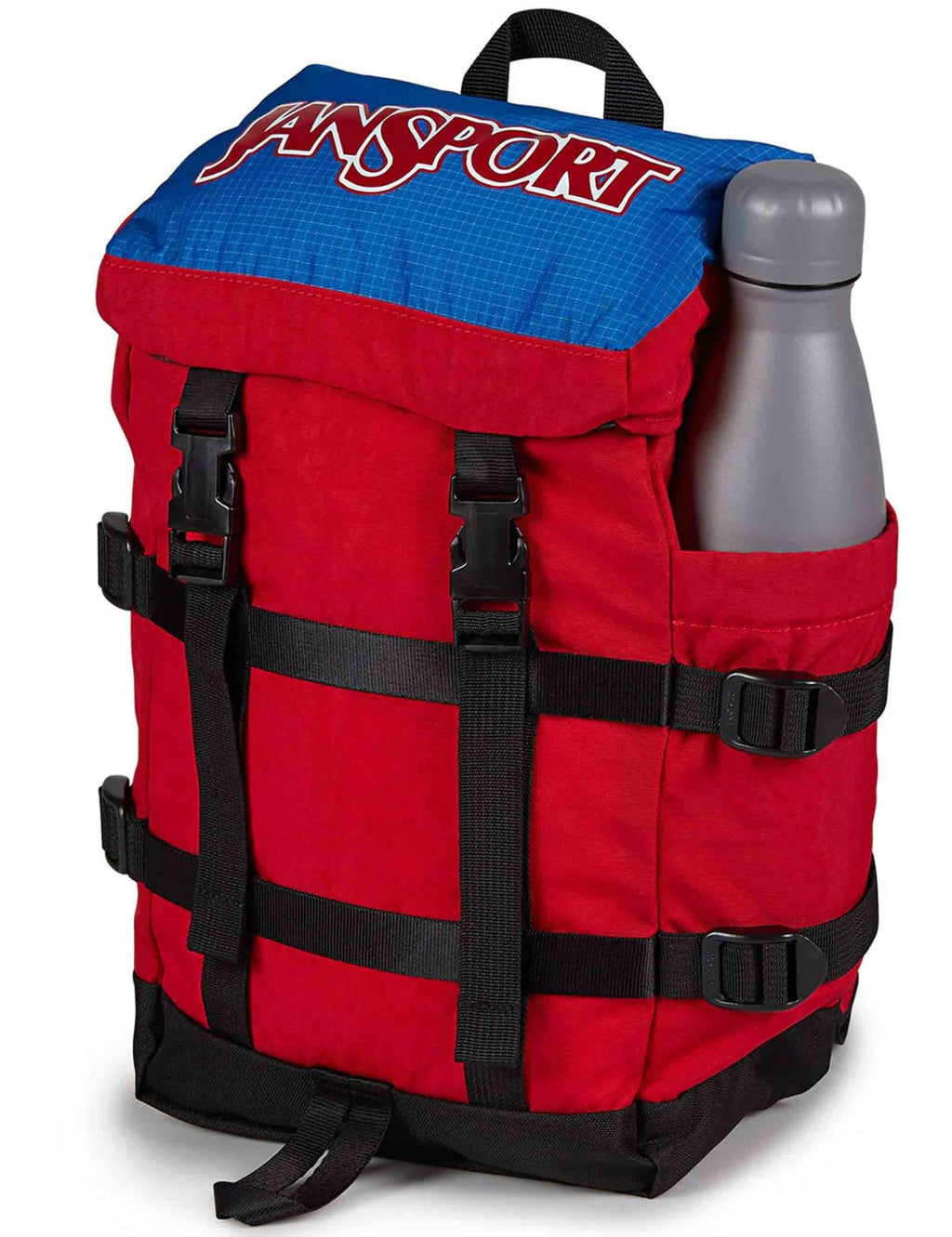 Mini Skip 10L backpack by Red Tape, red and blue top with black webbing straps and bottle