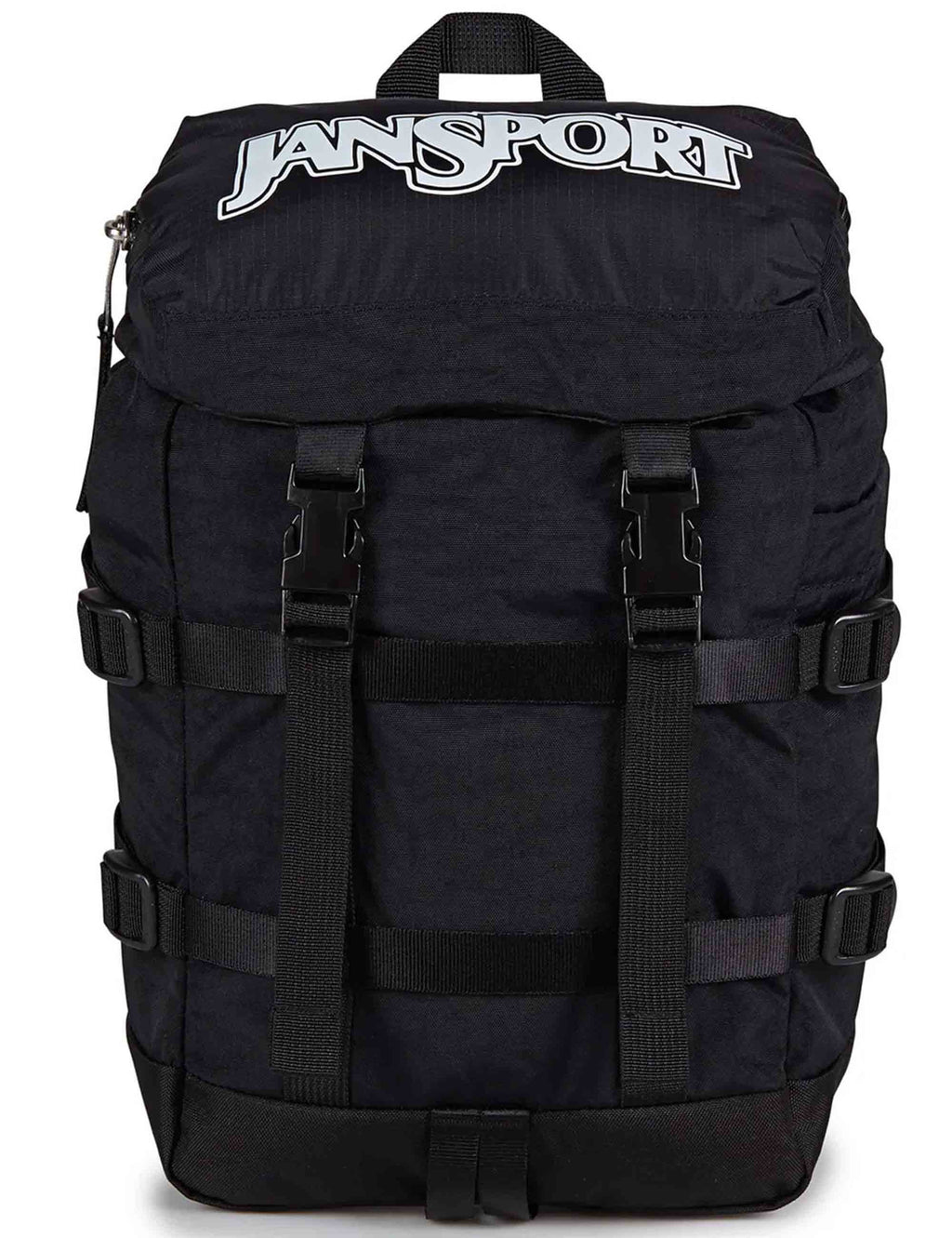 Black mini backpack with top flap, front straps, and Jansport logo panel