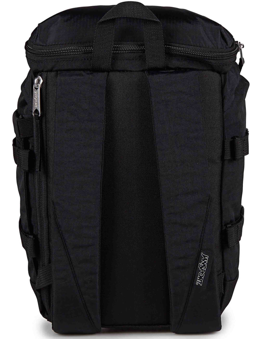 Black mini backpack back view with padded straps and vertical webbing panels