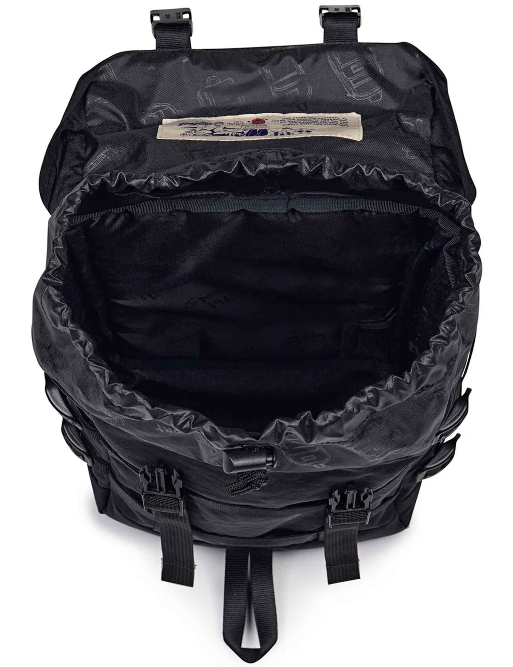 Black mini backpack open top showing inner storage and adjustable straps