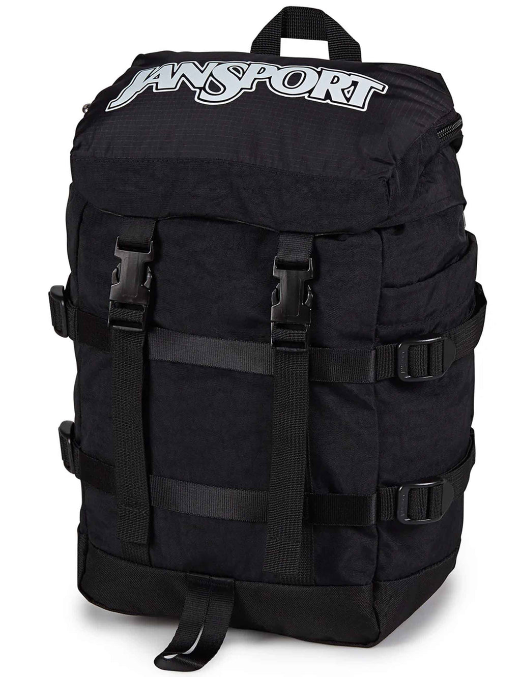 Black mini backpack front view with Jansport logo, buckles, and utility webbing