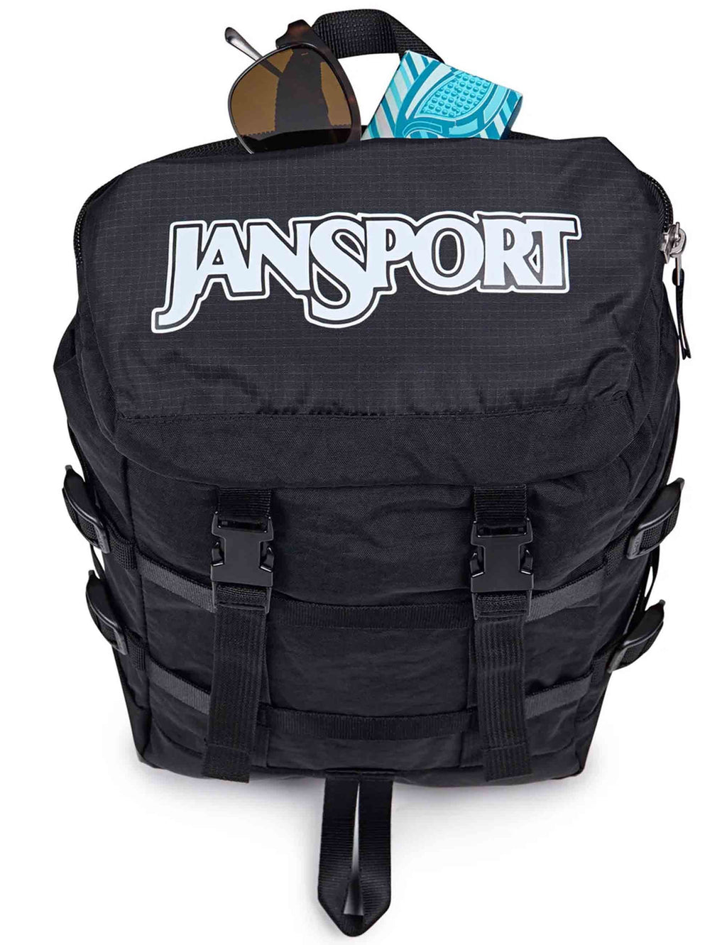Black mini backpack front view with Jansport logo and items tucked at the top