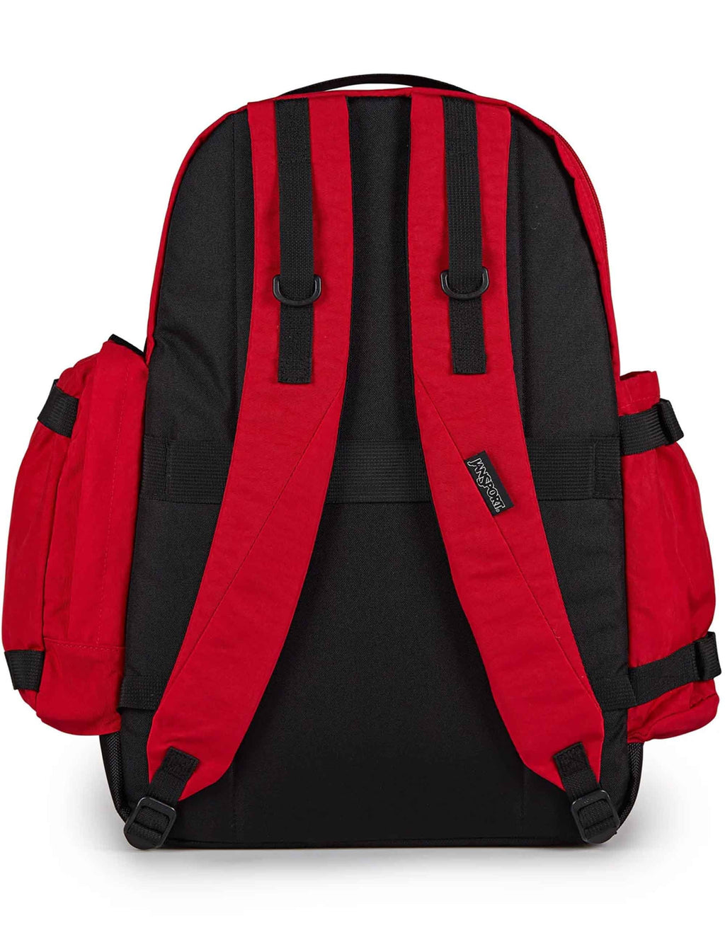 Seattle 34L backpack back view with black and red panels and padded straps