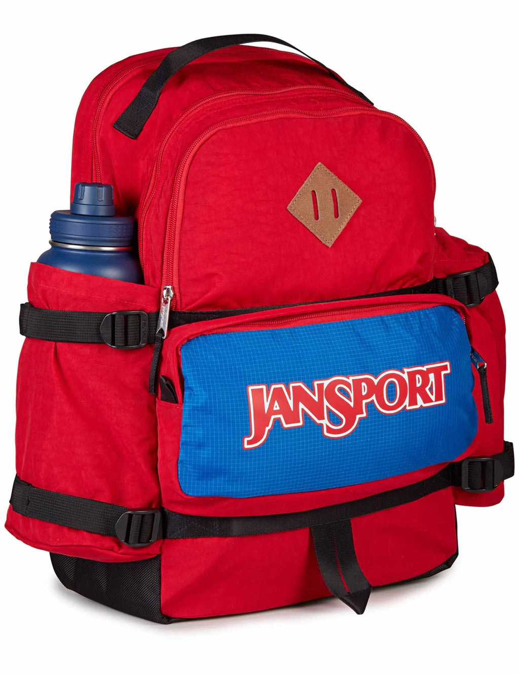 Seattle 34L backpack red with black straps, blue front pocket, and water bottle