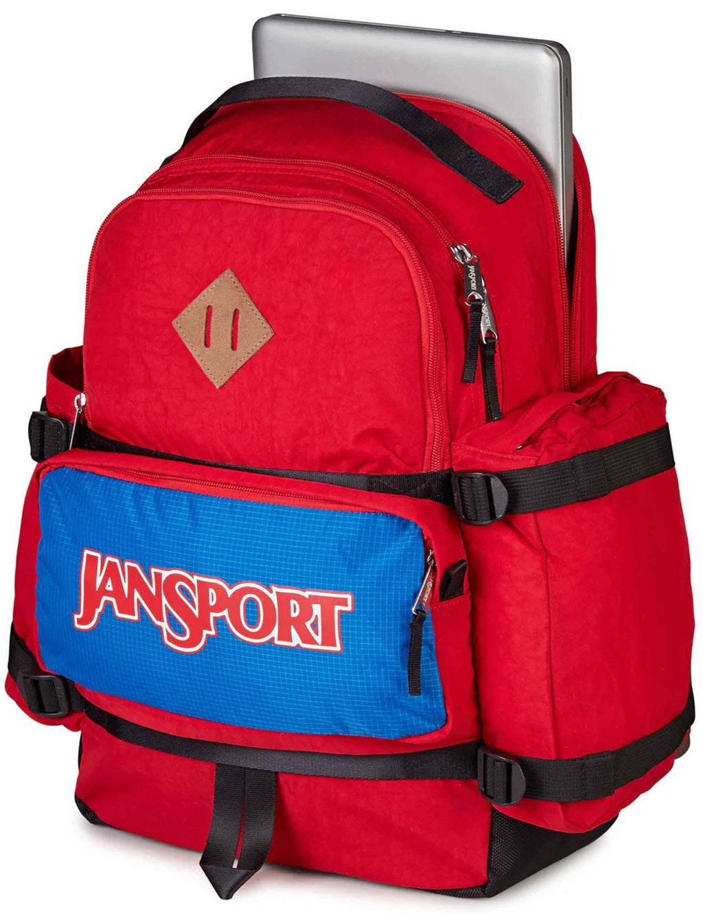 Seattle 34L backpack red with blue front pocket, zipper details, and black straps