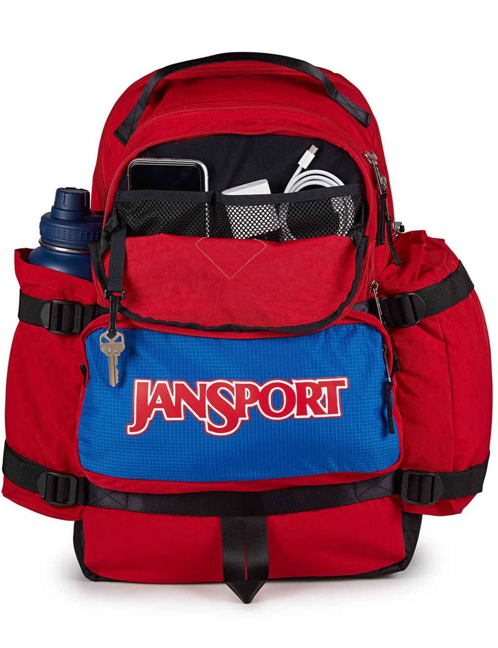 Seattle 34L backpack red with open top showing organizer pockets and gear inside