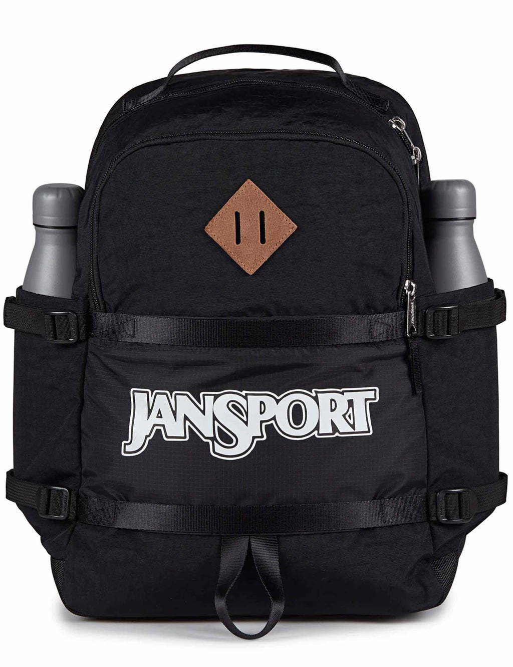 Black Jansport backpack front view with bottle holders and padded shoulder straps