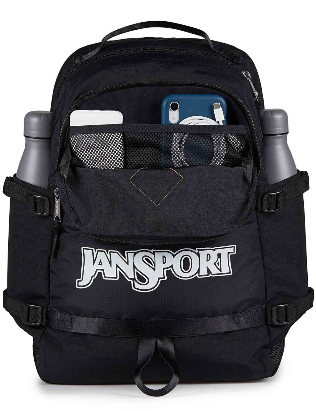 Black Jansport backpack with organizer pockets and inner mesh section holding a phone