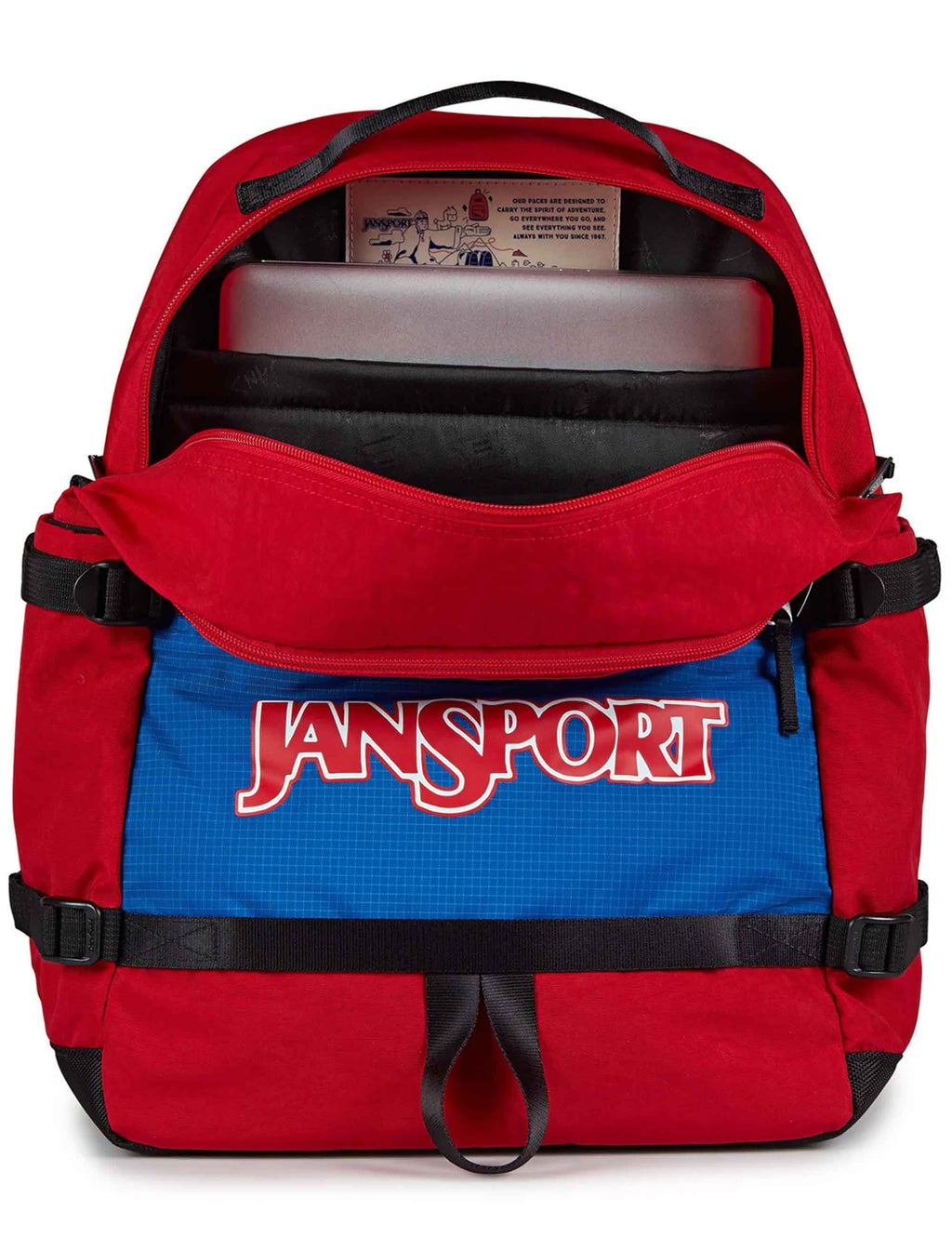 27L backpack open front shows padded interior compartment and Jansport logo on flap