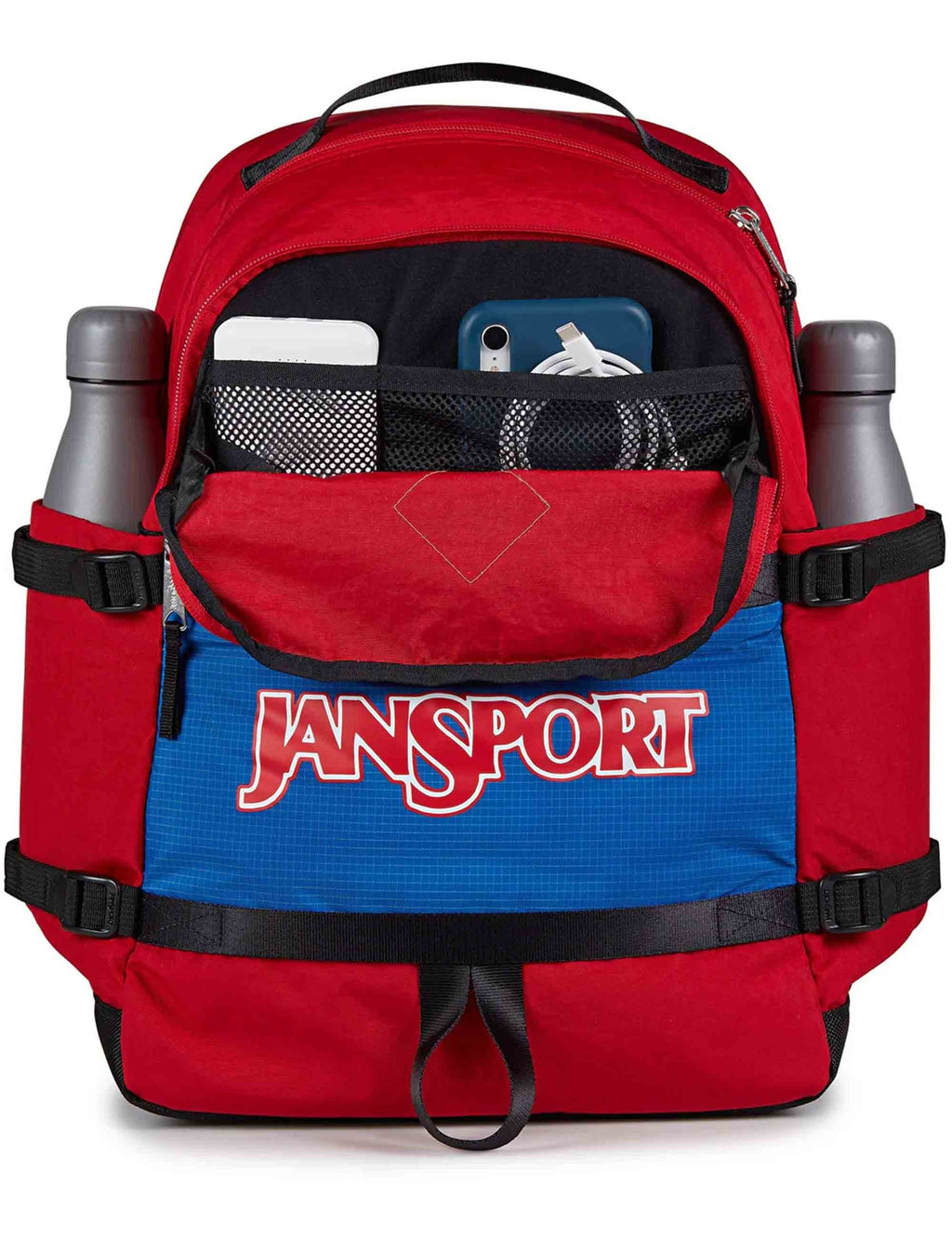 27L red backpack open view with front mesh organizer pocket and Jansport logo