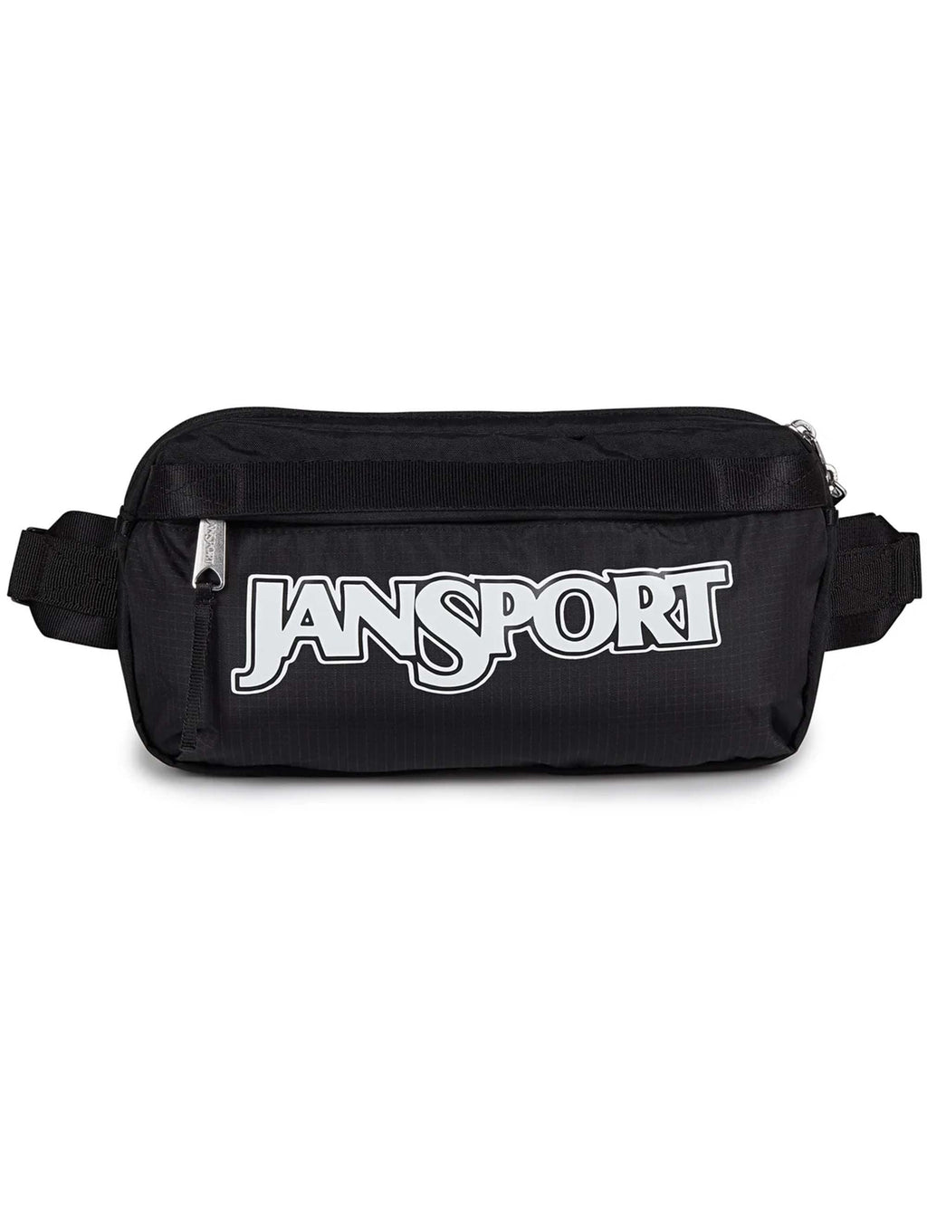 Black JanSport waistpack with large logo print, front zipper, adjustable belt straps.