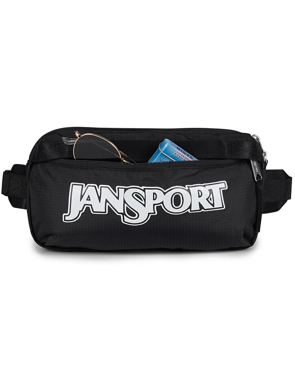 Black JanSport waistpack with logo print, open top zipper pull, adjustable straps.