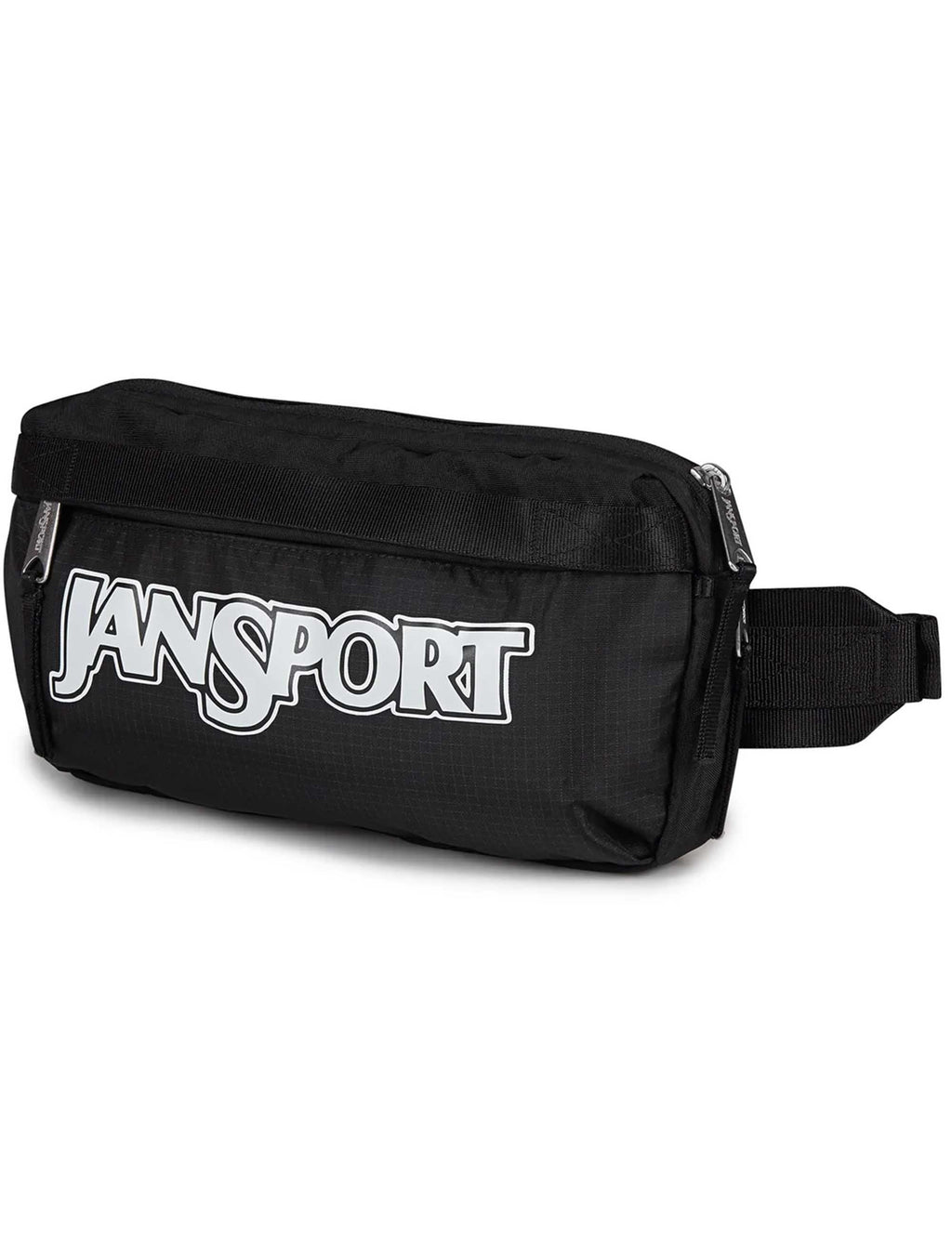 Black JanSport waistpack with logo print, side zipper, and adjustable webbing strap.