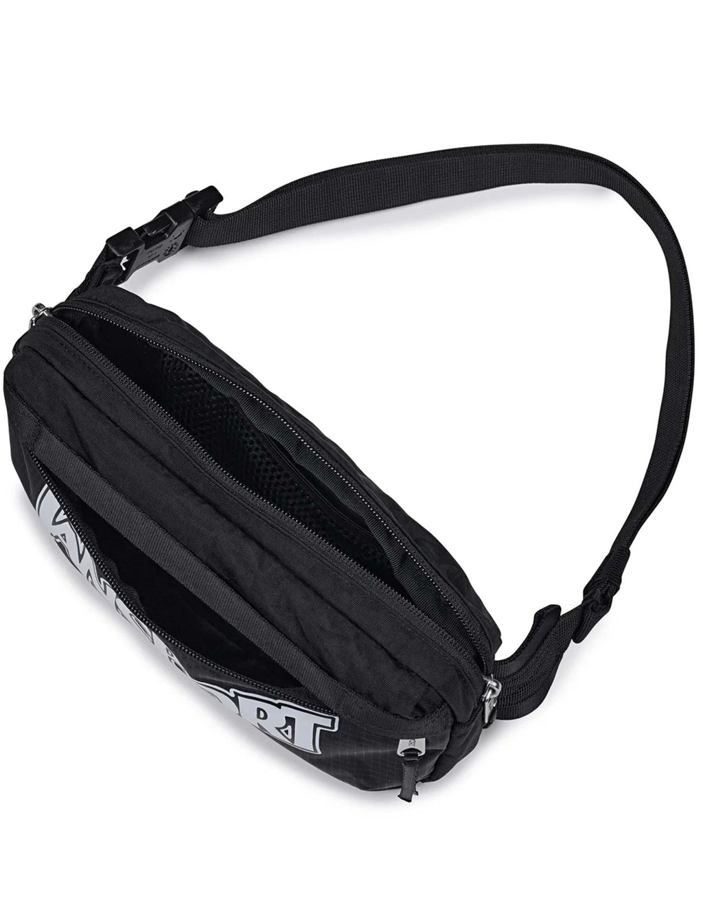 Black JanSport waistpack close-up with two front zipper sections and adjustable strap.