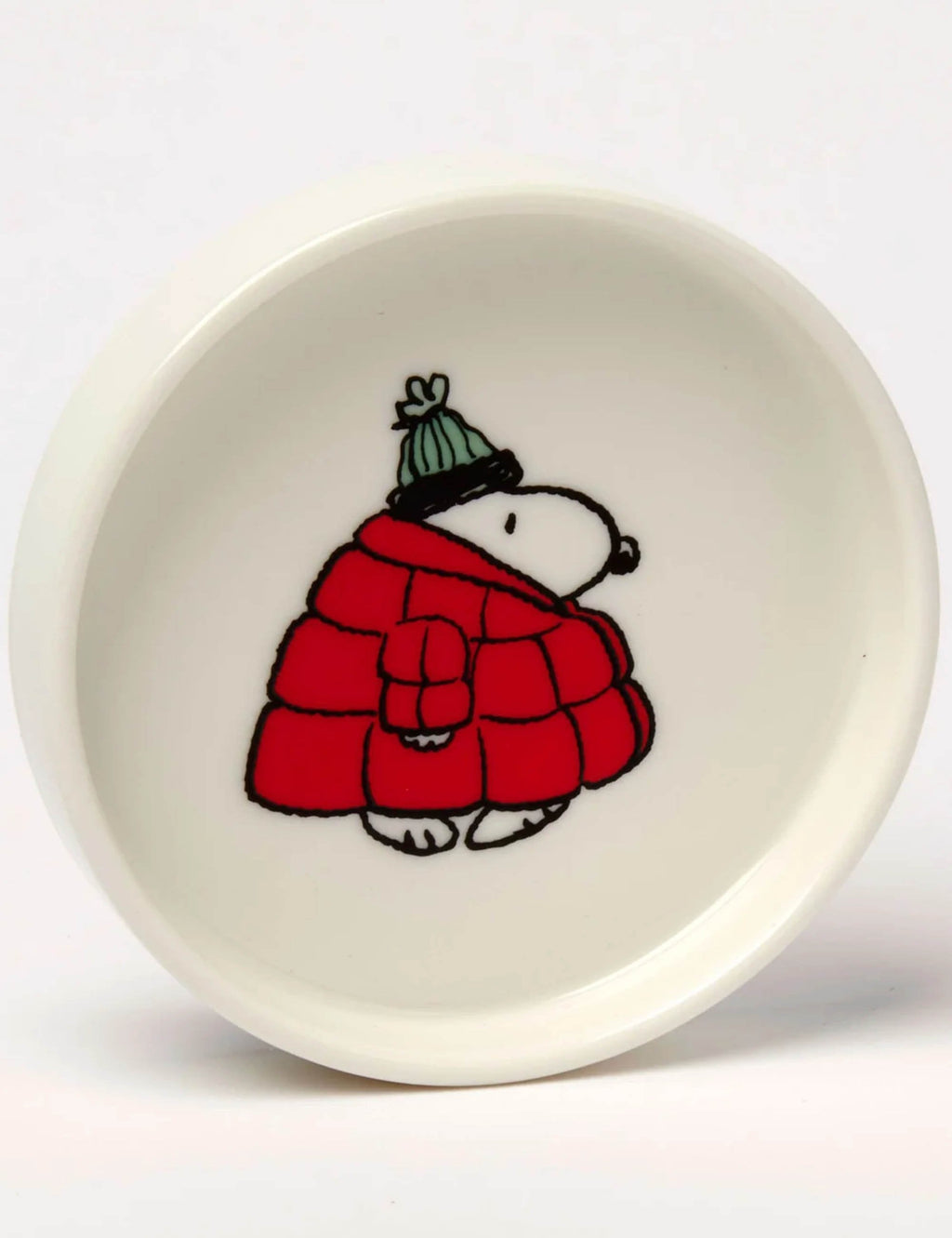 Round Snoopy trinket dish with white interior and red Puffa jacket illustration