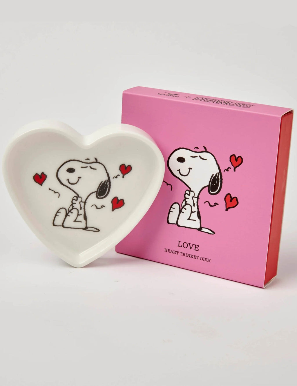 White heart-shaped Snoopy trinket dish with red hearts