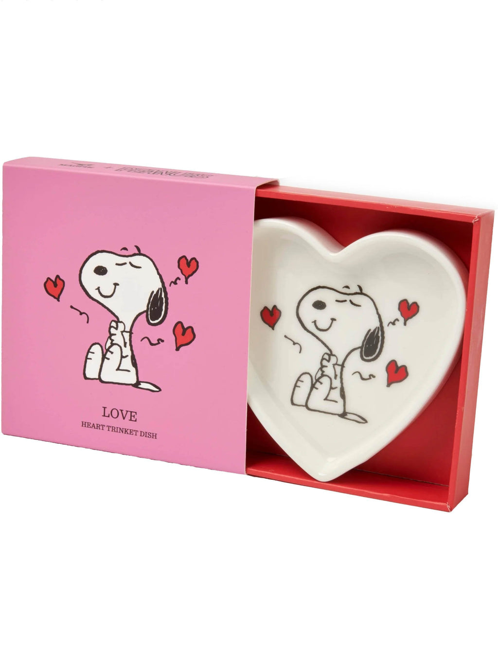 White heart-shaped Snoopy trinket dish with LOVE text and red heart accents