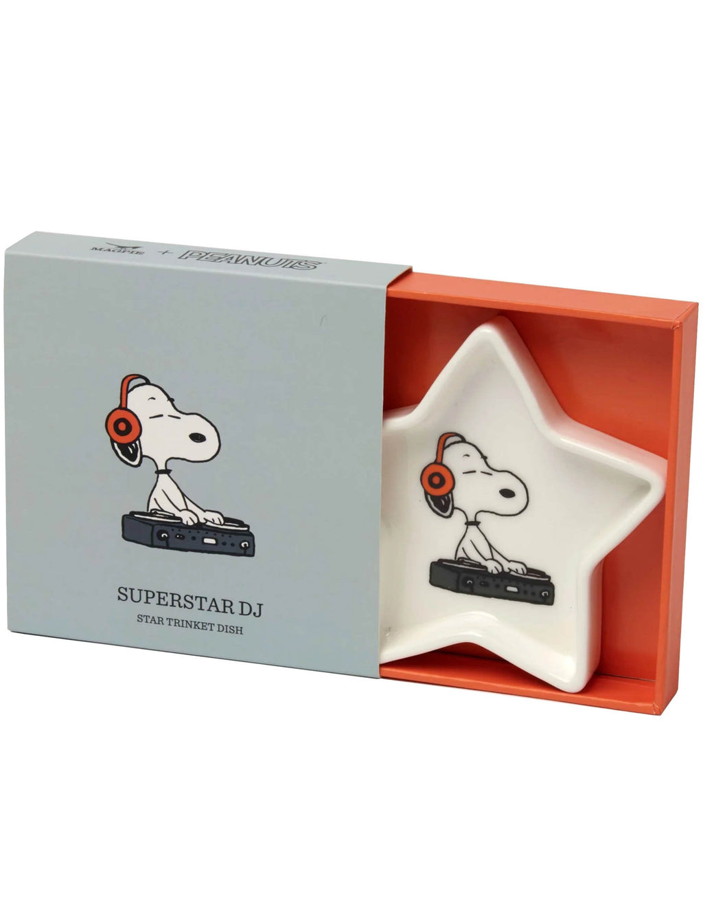 Star-shaped trinket dish with Snoopy DJ design, shown in open gift box
