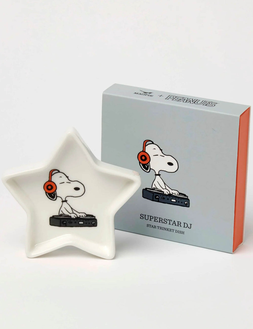 Star-shaped trinket dish with Snoopy DJ design, star dish beside gift box
