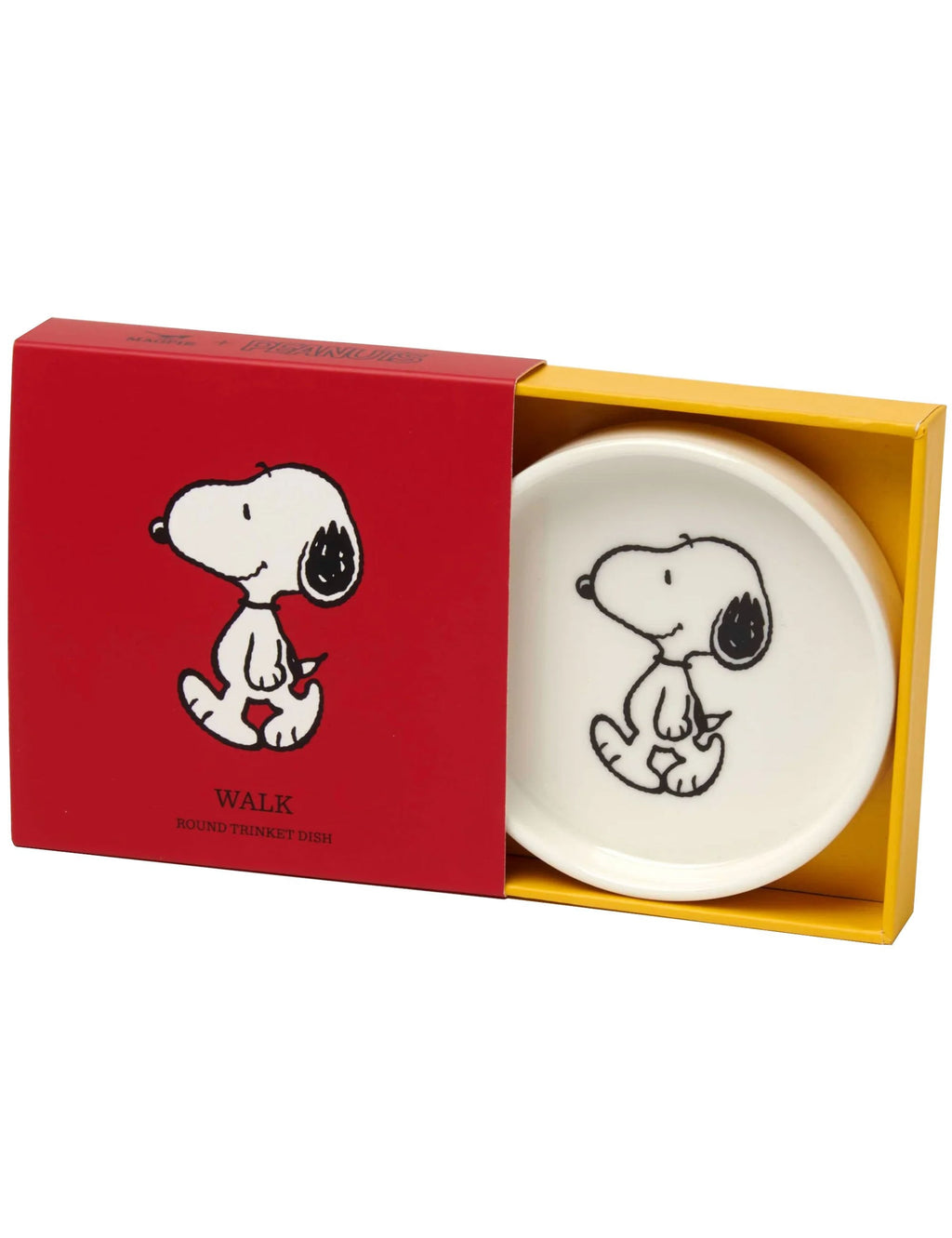 Round Snoopy trinket dish with red gift box and Walk graphic on lid