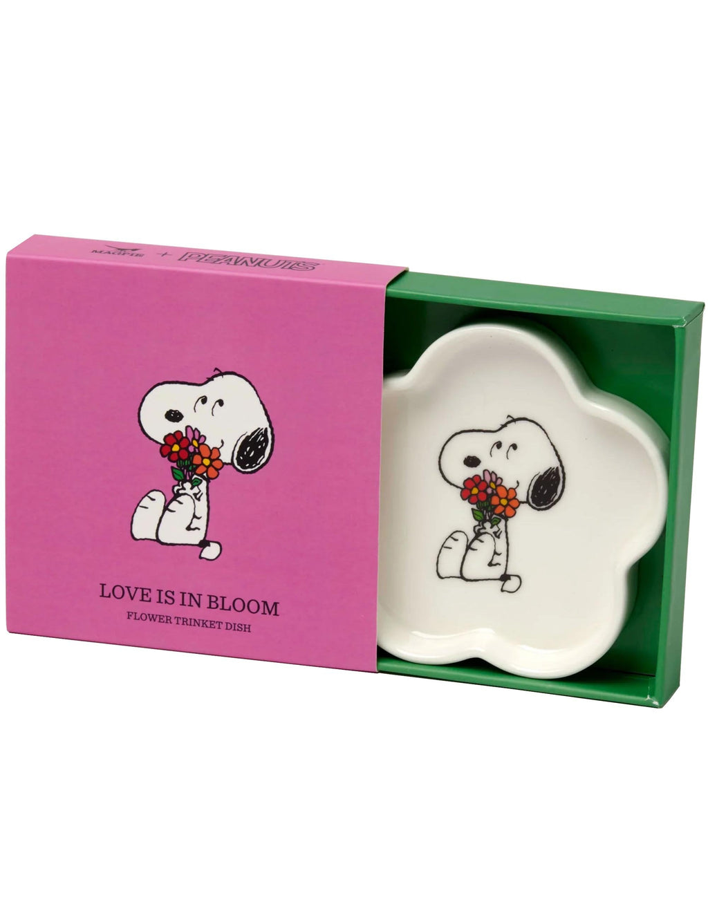 Snoopy flower-shaped trinket dish with scalloped edges, shown in retail gift box.