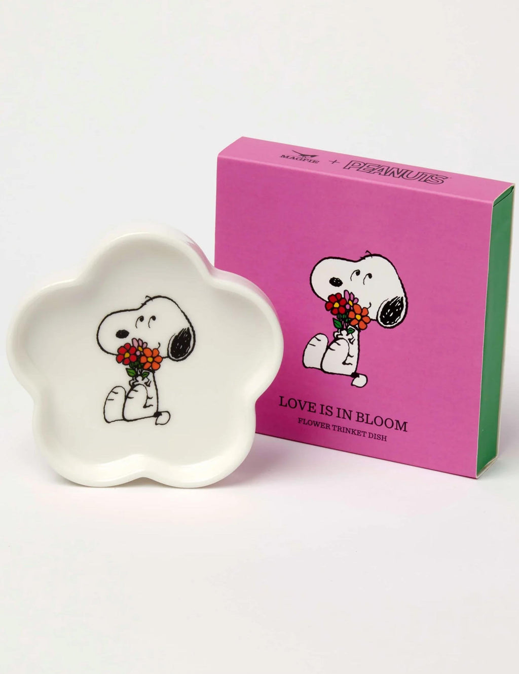 Snoopy flower-shaped trinket dish with bouquet graphic, pictured beside its gift box.
