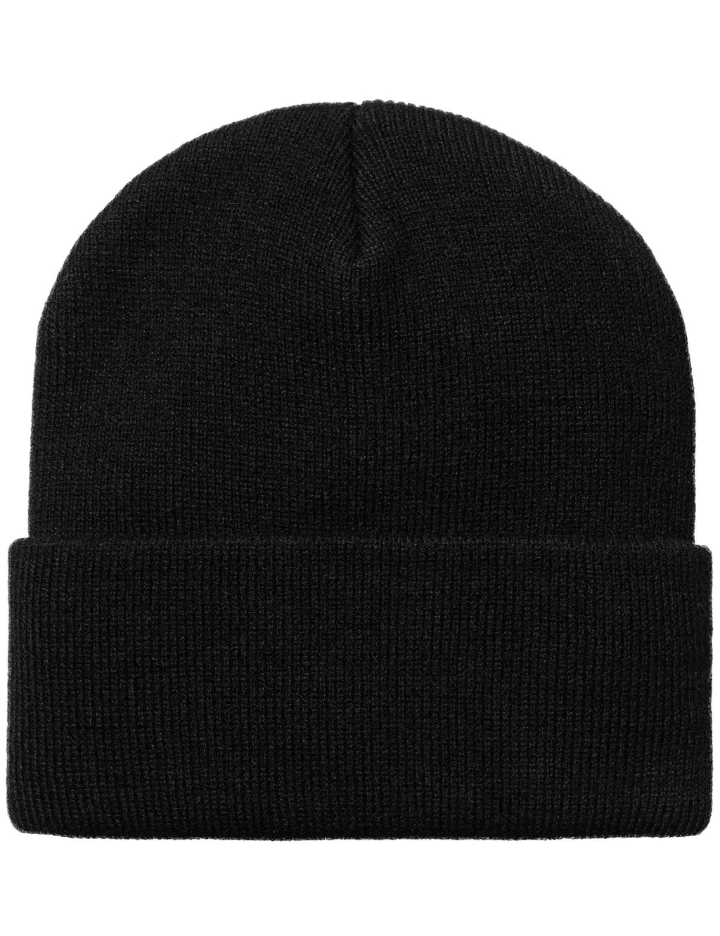 Black knit beanie hat with ribbed cuff, plain front