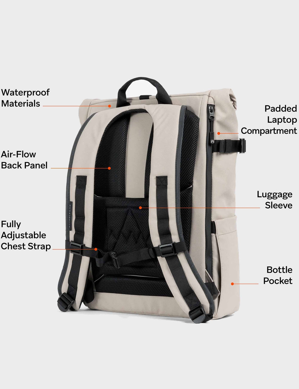 Sand roll-top backpack with padded laptop sleeve, bottle pocket, and chest strap