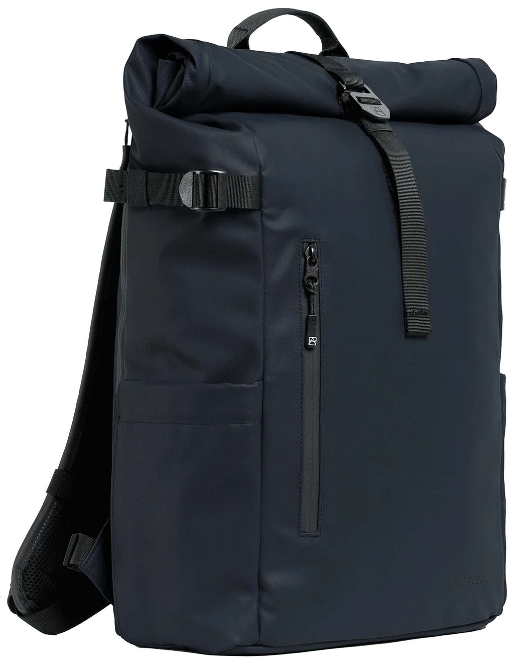 Midnight blue roll-top backpack with front buckle and zip pocket
