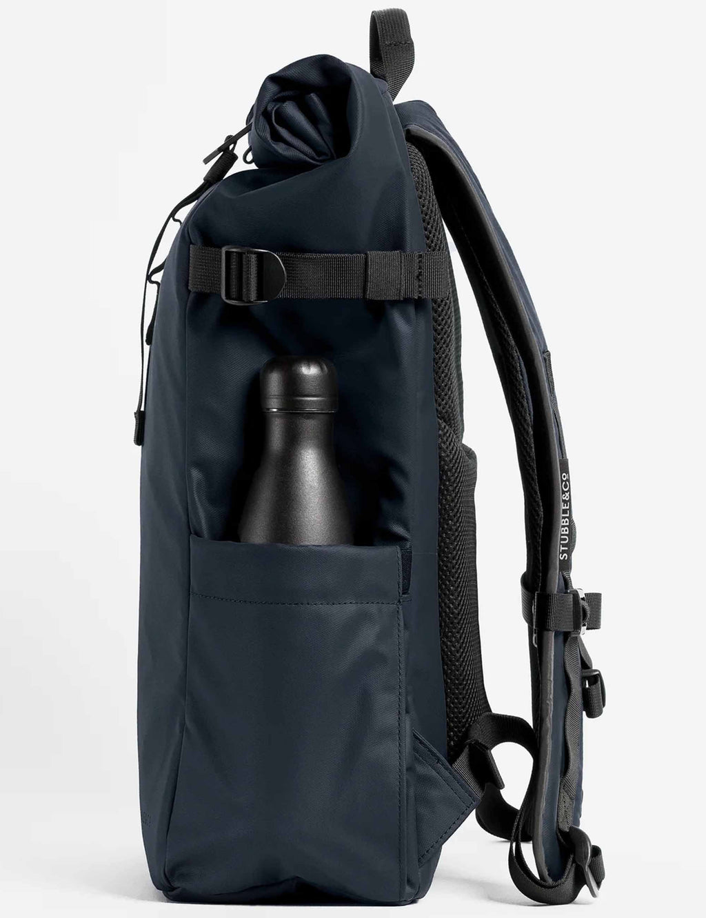 Midnight blue roll-top backpack with front pocket and side bottle pocket