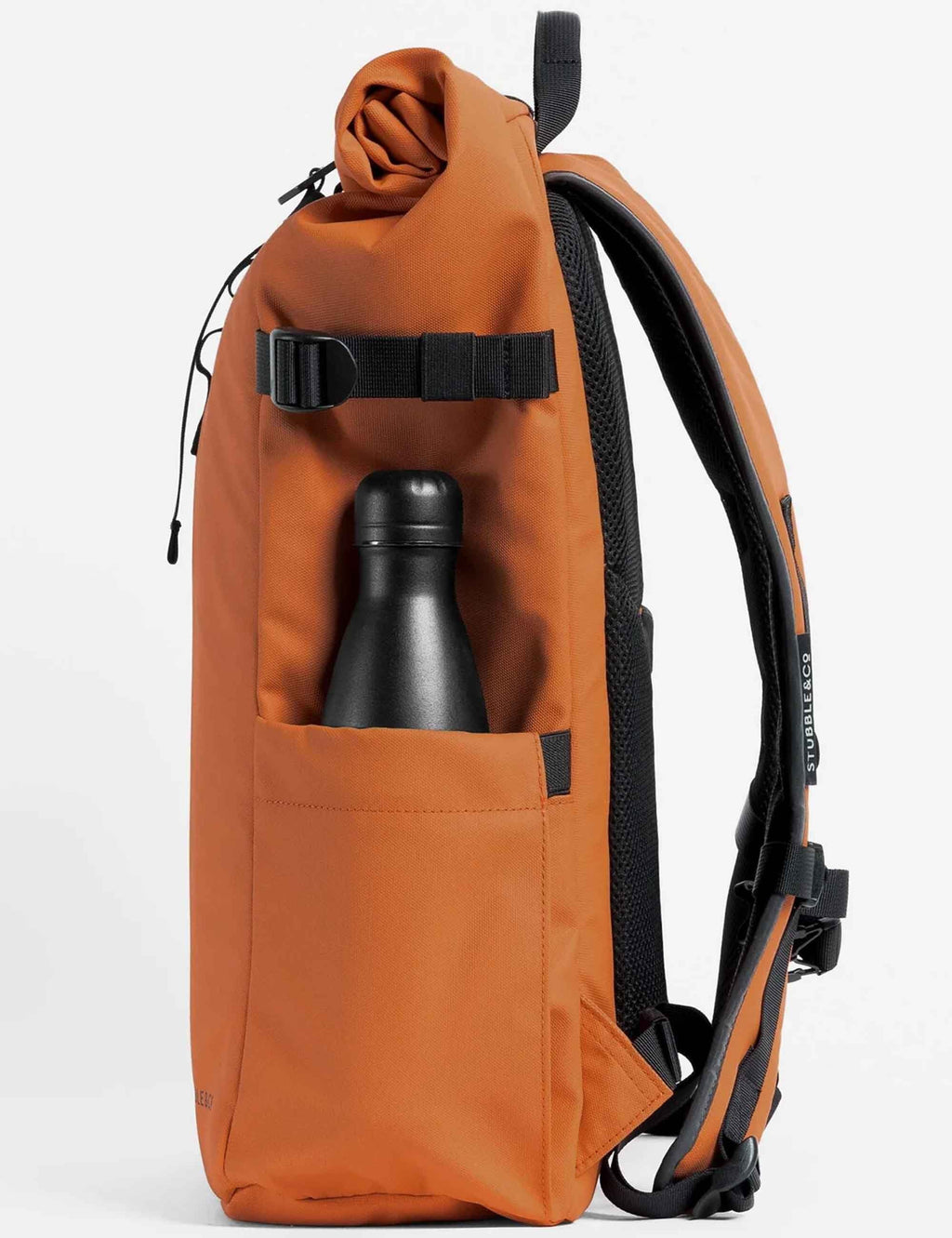 Rust roll-top backpack with front organizer pocket and bottle pocket