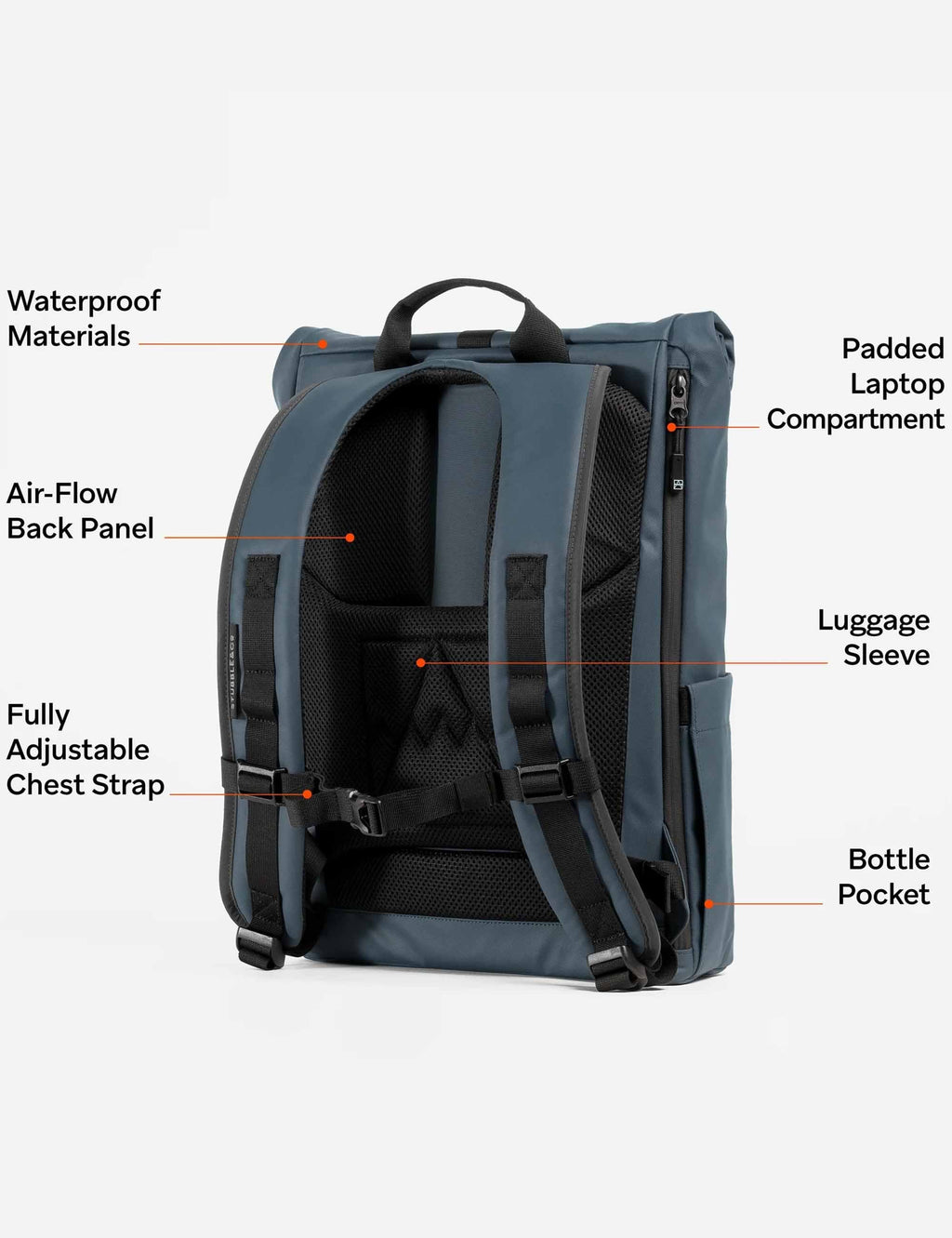 Blue roll-top backpack features: padded laptop compartment, chest strap, bottle pocket, back panel.