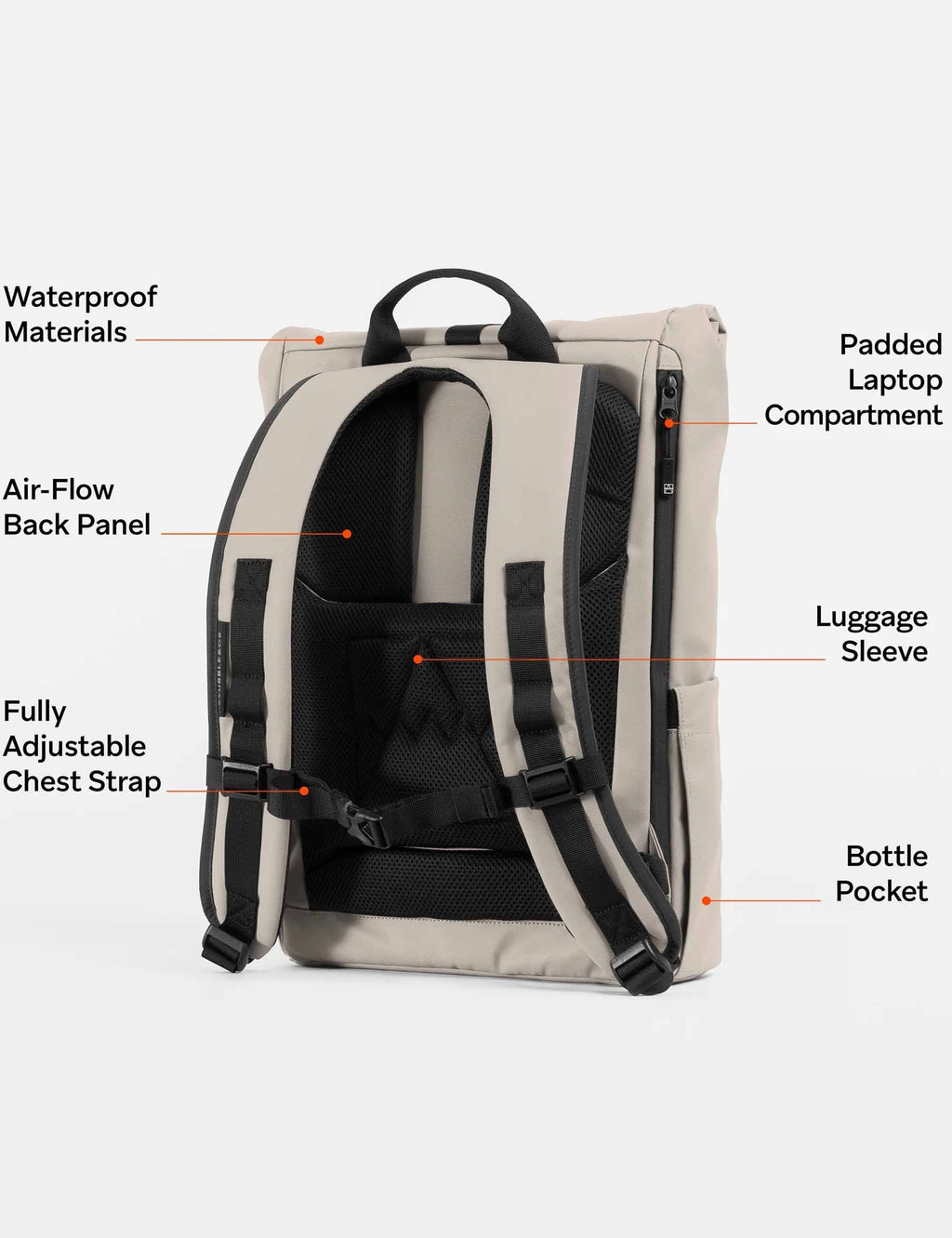 Sand roll-top backpack with padded laptop sleeve, chest strap, and bottle pocket