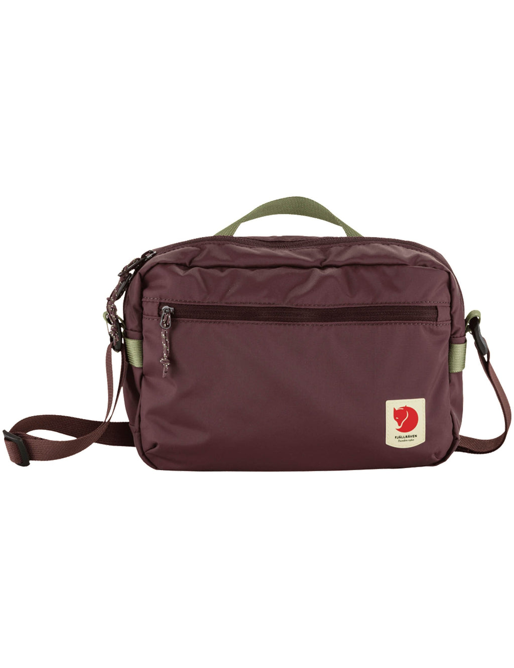 Crossbody bag in berry purple with front zip pocket and adjustable strap