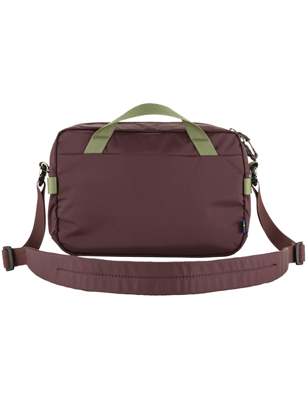 Crossbody bag in berry purple with wide base, top handle, and side strap