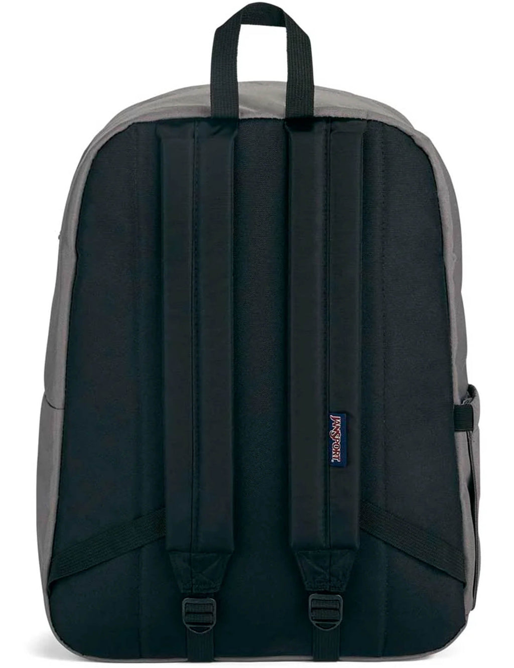 Dark back panel backpack with two padded straps and vertical seams