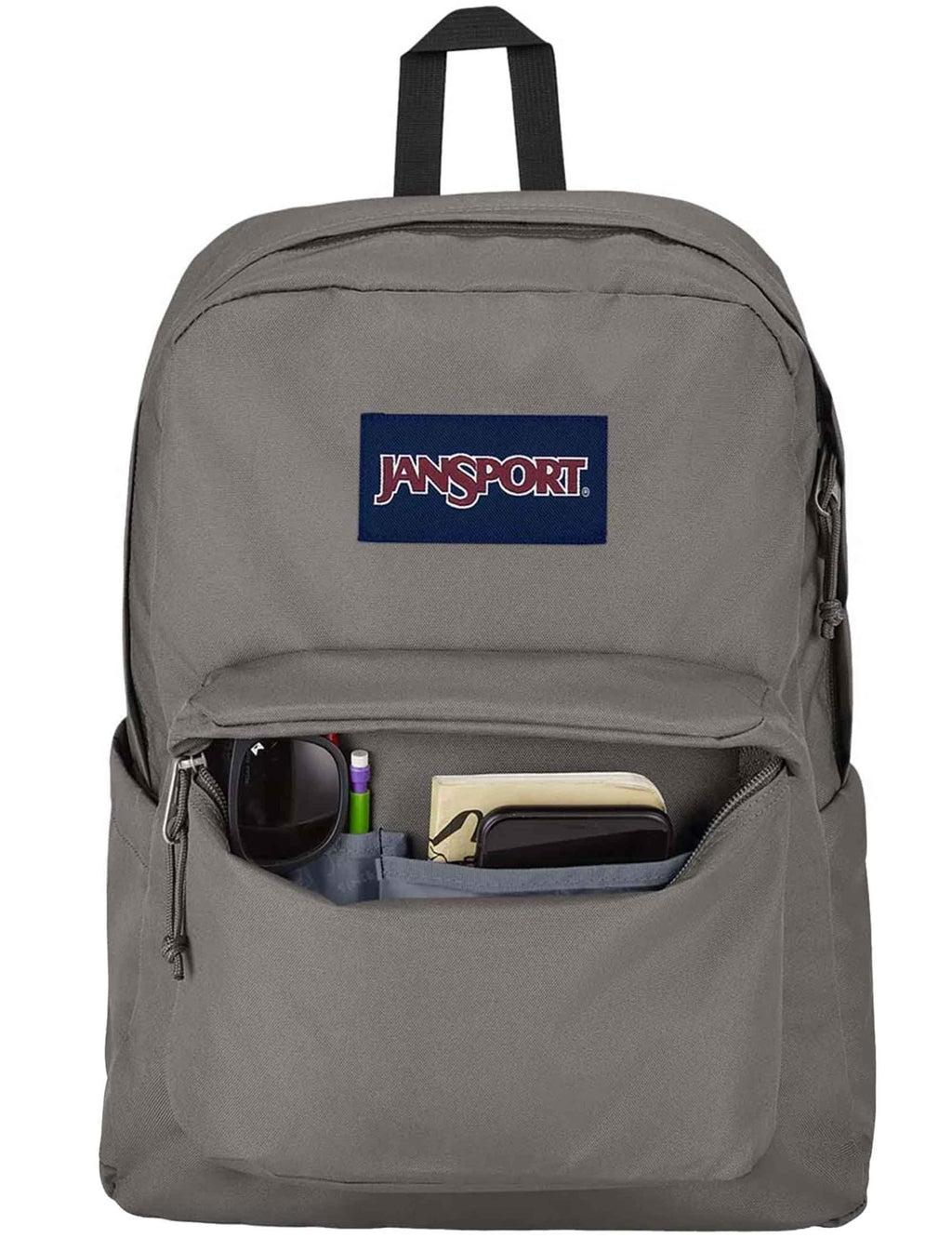 Graphite grey backpack with front zip pocket open, showing notebooks and phone