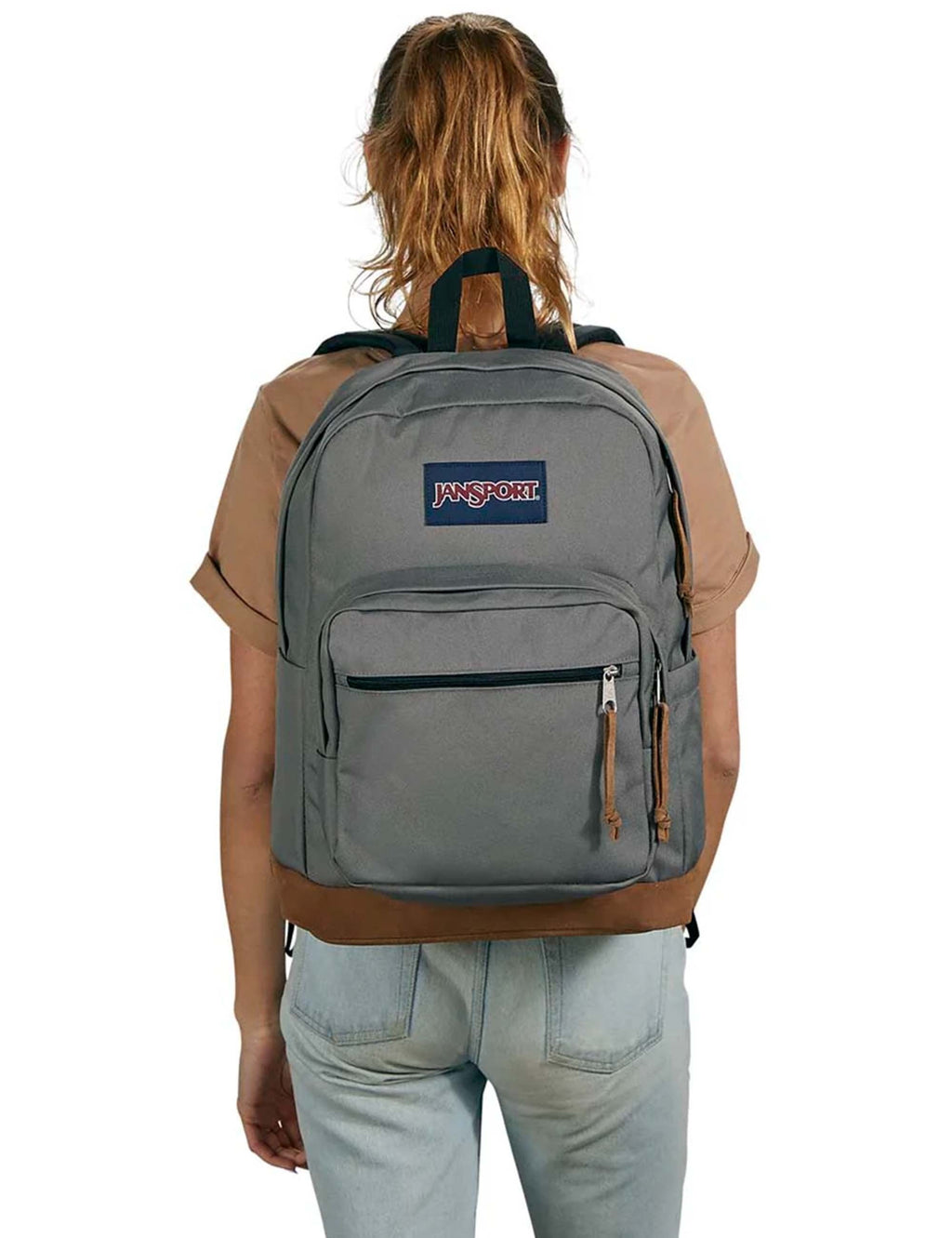 Back view of grey backpack being worn, with front and side zip pockets