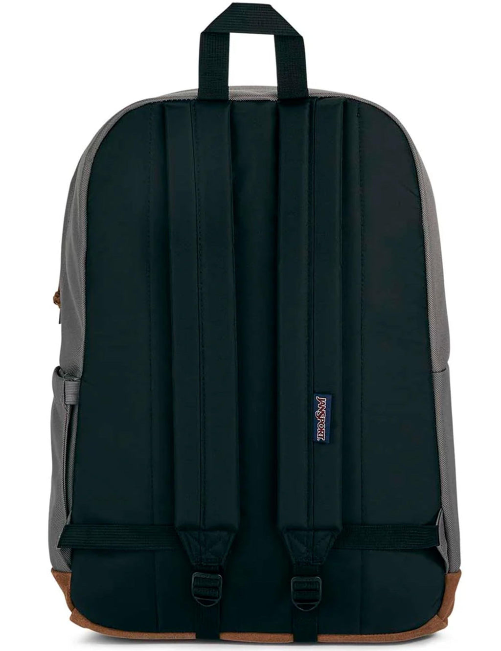 Dark green backpack with padded back panel, shoulder straps, and brown bottom