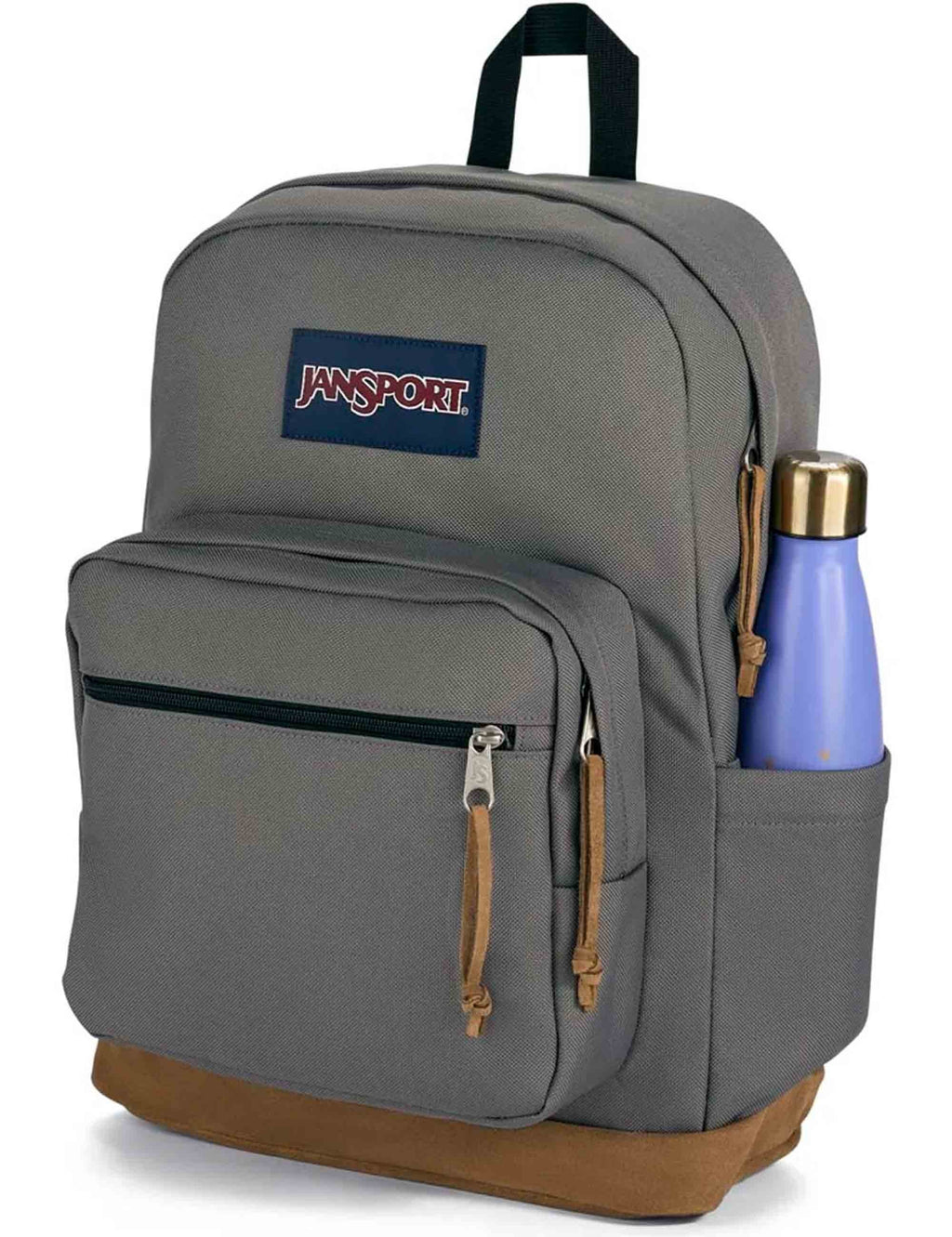 Grey backpack with front zip pocket and side bottle pocket