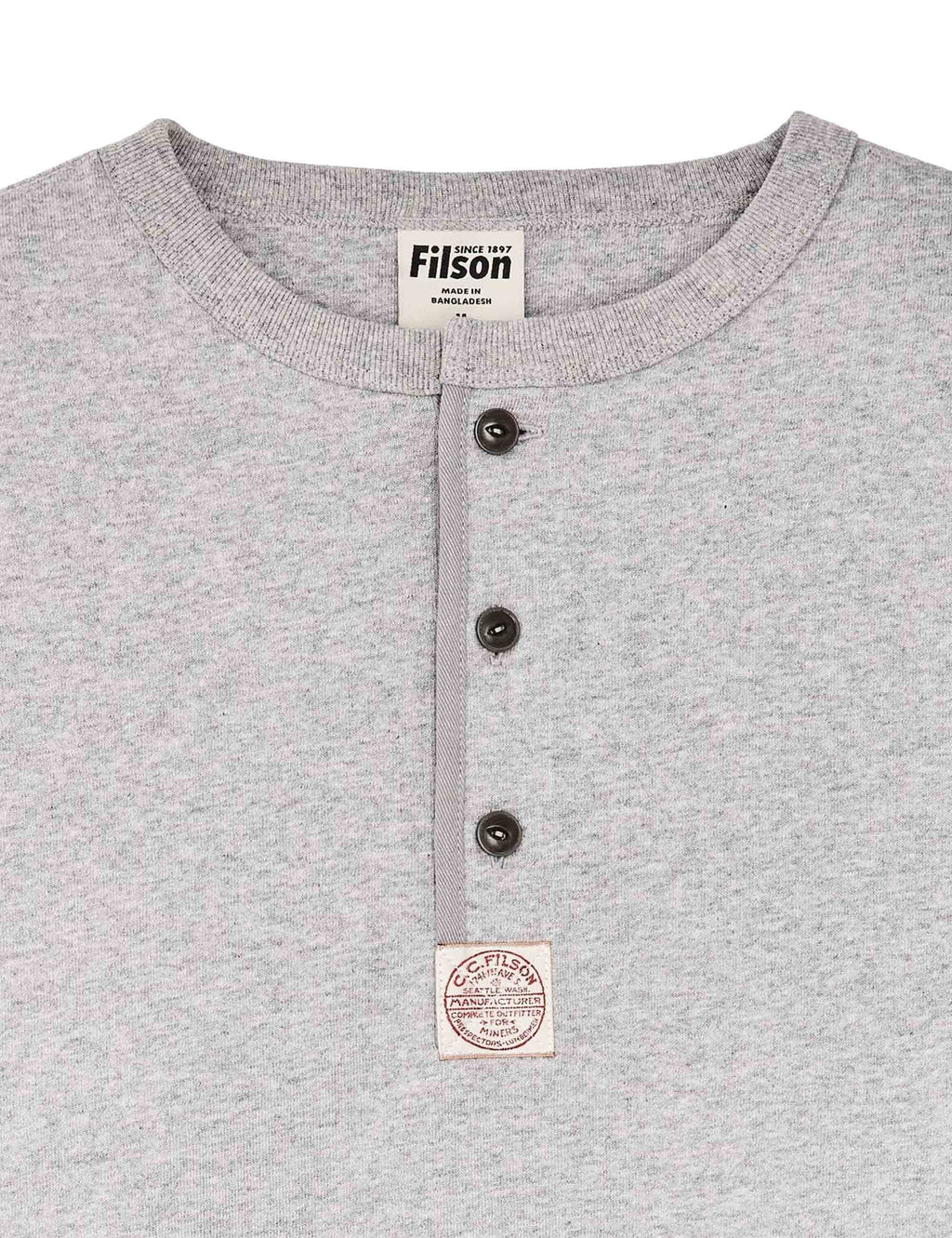 Grey heather henley t-shirt neckline with three-button placket and tag