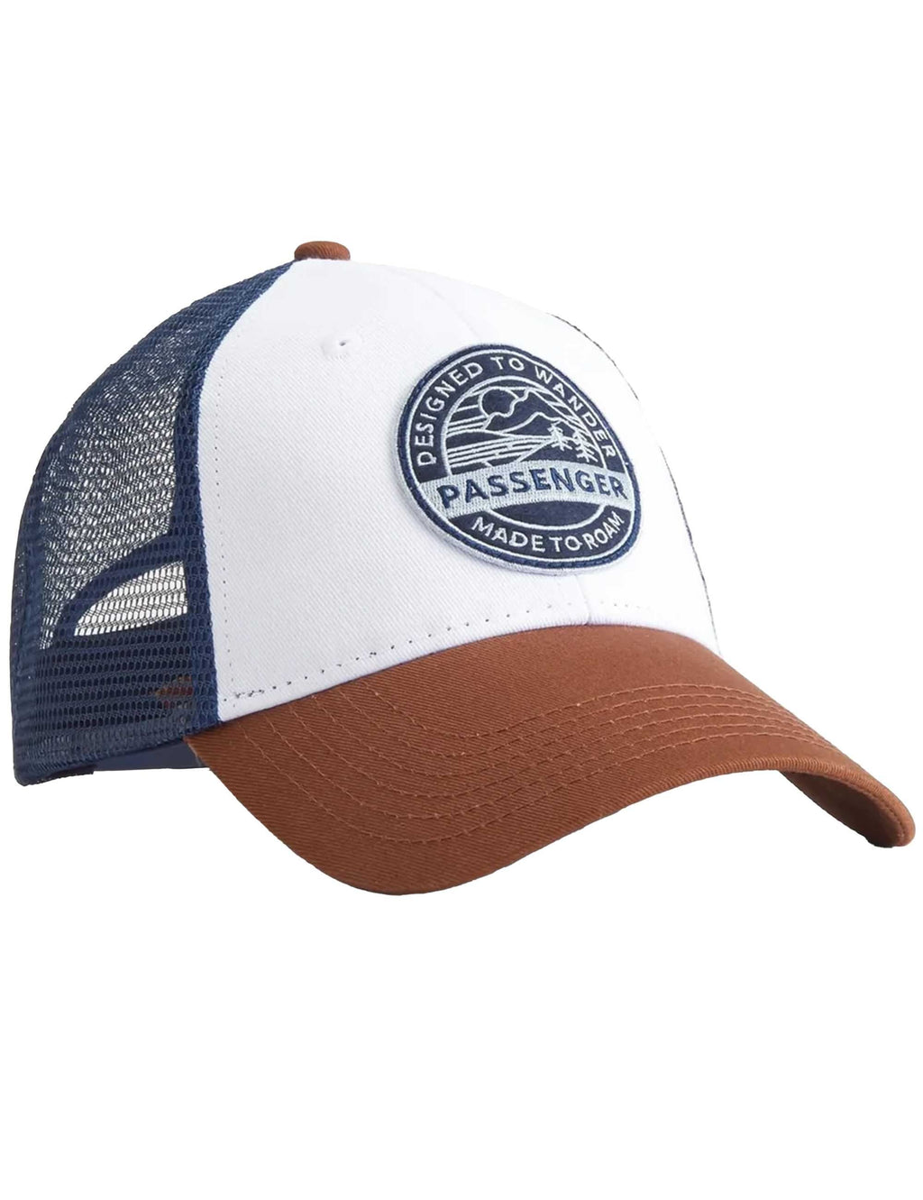 Trucker hat with brown brim, white front panel, and blue mesh back on a white background.