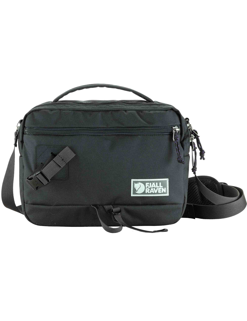 Coal black Fjall RAVEN shoulder bag with front logo, zipper pocket, adjustable strap