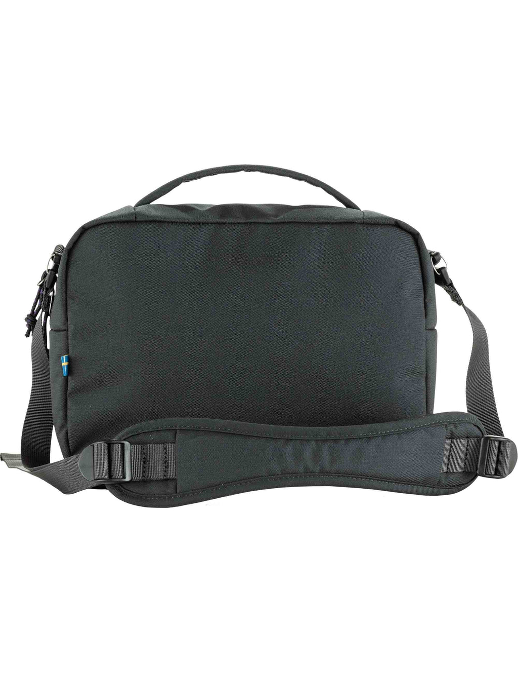 Coal black Fjall RAVEN shoulder bag, back view with shoulder strap and webbing belt