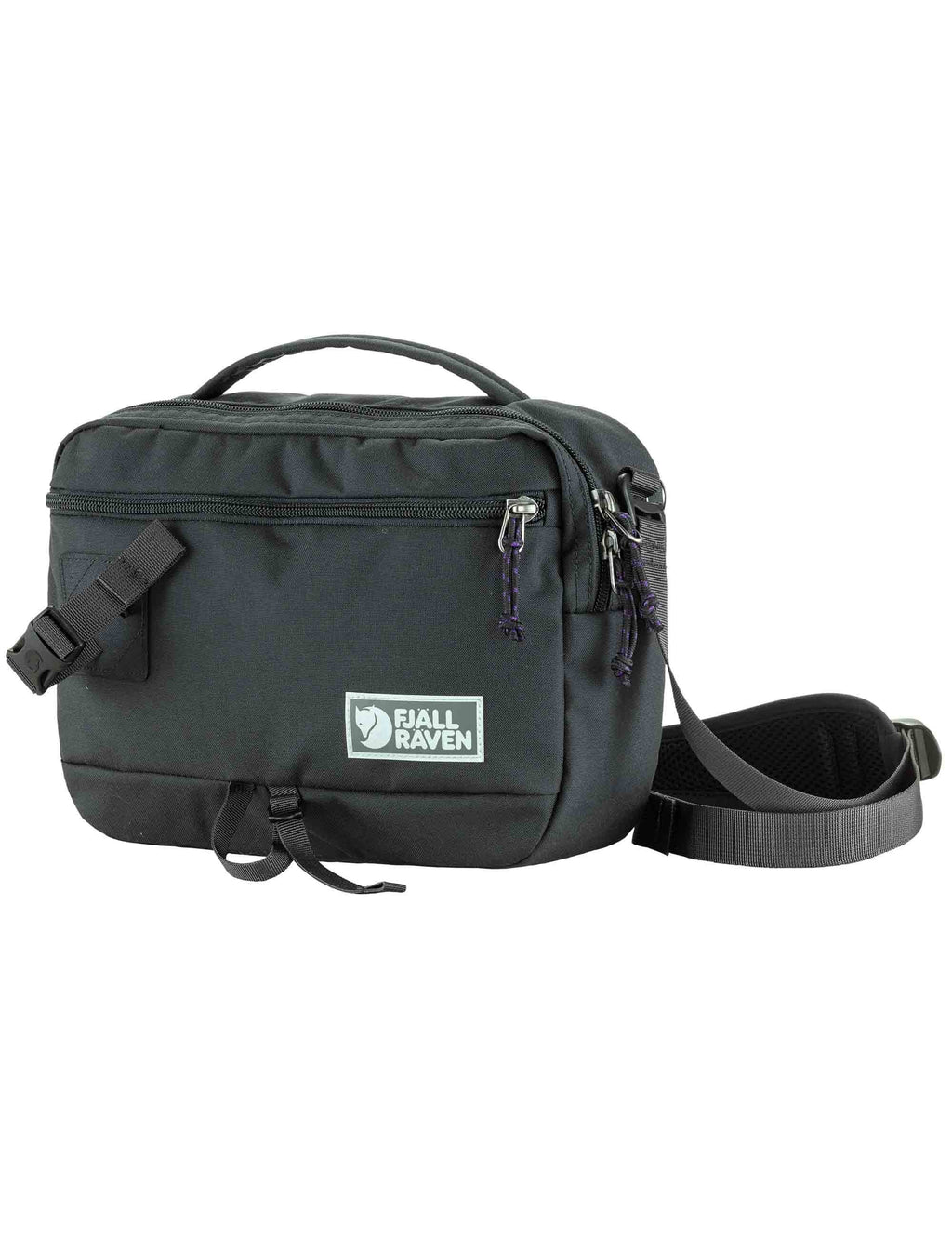 Coal black Fjall RAVEN shoulder bag with side zipper, front logo patch, carry handle
