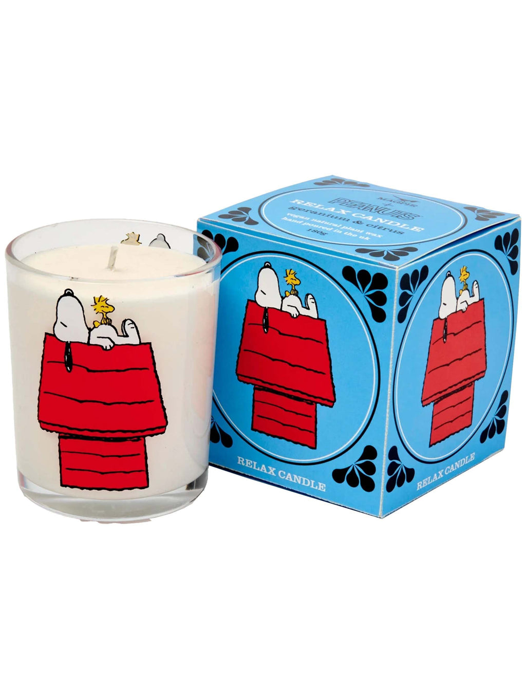 Snoopy Glass Candle - Relax Cool by Magpie for Peanuts — scented glass candle in clear jar with Relax Cool design and branded box